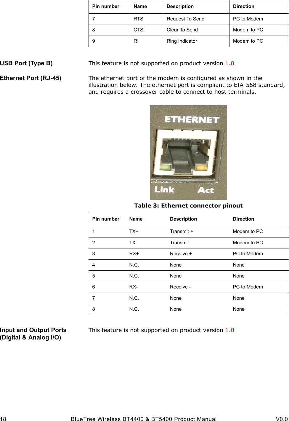  18 BlueTree Wireless BT4400 &amp; BT5400 Product Manual V0.0USB Port (Type B) This feature is not supported on product version 1.0Ethernet Port (RJ-45) The ethernet port of the modem is configured as shown in the illustration below. The ethernet port is compliant to EIA-568 standard, and requires a crossover cable to connect to host terminals.Table 3: Ethernet connector pinoutAInput and Output Ports (Digital &amp; Analog I/O)This feature is not supported on product version 1.07RTS Request To Send PC to Modem8CTS Clear To Send Modem to PC9RI Ring Indicator Modem to PCPin number Name Description DirectionPin number Name Description Direction1TX+ Transmit + Modem to PC2TX- Transmit Modem to PC3RX+ Receive + PC to Modem4N.C. None None5N.C. None None6RX- Receive - PC to Modem7N.C. None None8N.C. None NonePicturePasteHere