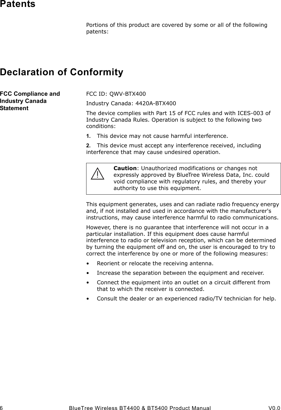 6 BlueTree Wireless BT4400 &amp; BT5400 Product Manual V0.0PatentsPortions of this product are covered by some or all of the following patents:Declaration of ConformityFCC Compliance and Industry Canada StatementFCC ID: QWV-BTX400Industry Canada: 4420A-BTX400The device complies with Part 15 of FCC rules and with ICES-003 of Industry Canada Rules. Operation is subject to the following two conditions:1. This device may not cause harmful interference.2. This device must accept any interference received, including interference that may cause undesired operation.This equipment generates, uses and can radiate radio frequency energy and, if not installed and used in accordance with the manufacturer's instructions, may cause interference harmful to radio communications.However, there is no guarantee that interference will not occur in a particular installation. If this equipment does cause harmful interference to radio or television reception, which can be determined by turning the equipment off and on, the user is encouraged to try to correct the interference by one or more of the following measures:&bull; Reorient or relocate the receiving antenna.&bull; Increase the separation between the equipment and receiver.&bull; Connect the equipment into an outlet on a circuit different from that to which the receiver is connected.&bull; Consult the dealer or an experienced radio/TV technician for help.Caution: Unauthorized modifications or changes not expressly approved by BlueTree Wireless Data, Inc. could void compliance with regulatory rules, and thereby your authority to use this equipment.