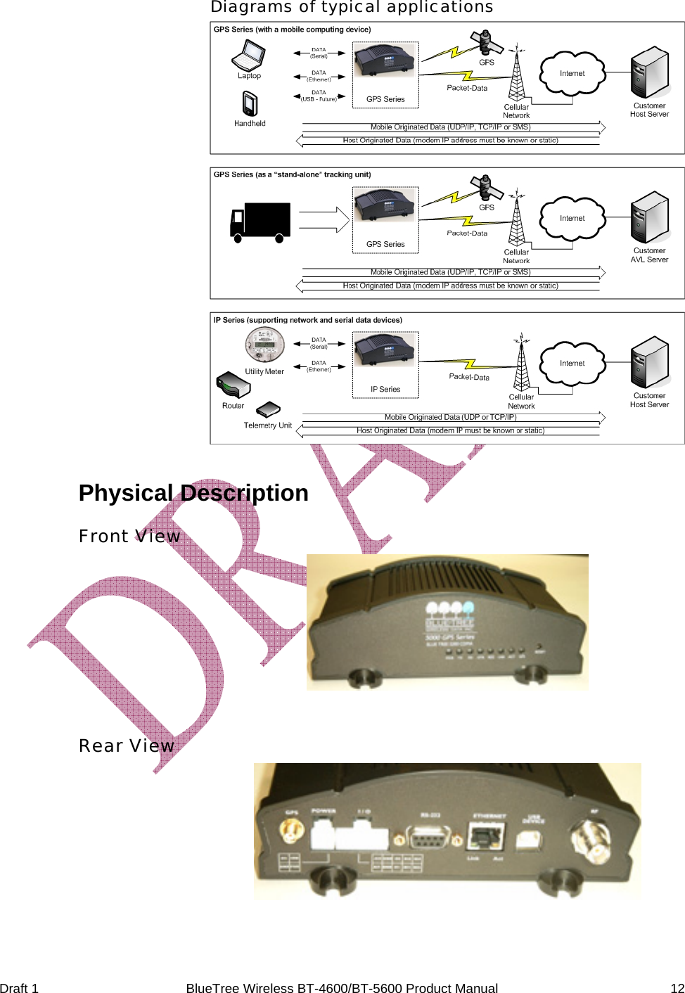  Draft 1  BlueTree Wireless BT-4600/BT-5600 Product Manual   12 Diagrams of typical applications  Physical Description Front View   Rear View  