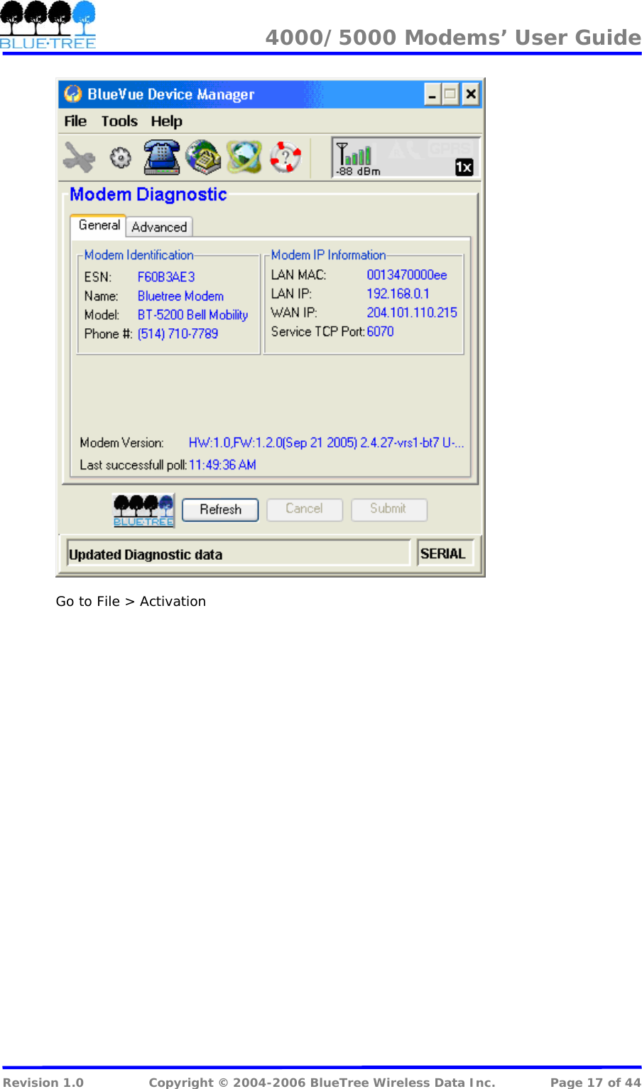 4000/5000 Modems&rsquo; User Guide     Go to File > Activation  Revision 1.0  Copyright &copy; 2004-2006 BlueTree Wireless Data Inc.  Page 17 of 44 
