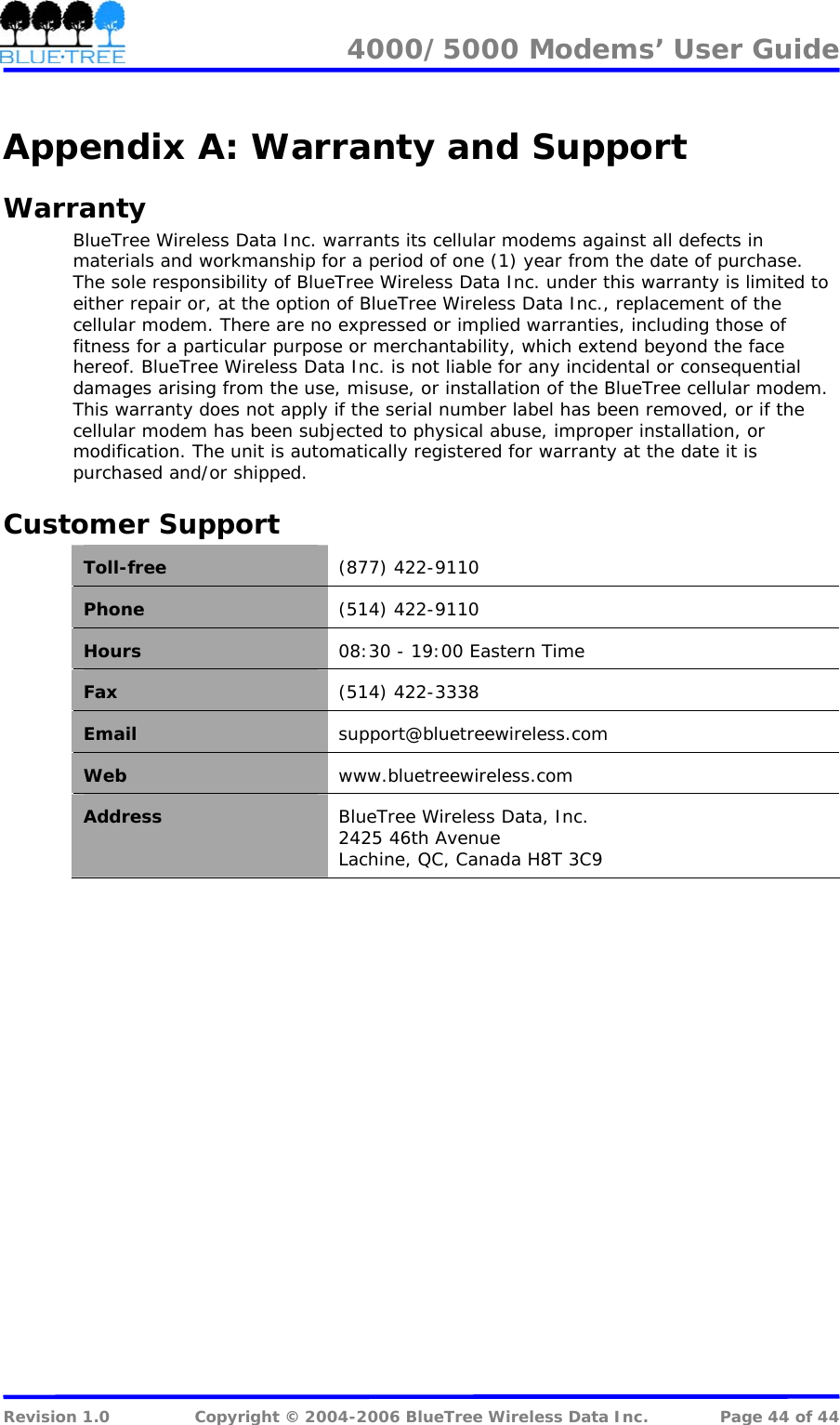 4000/5000 Modems&rsquo; User Guide   Appendix A: Warranty and Support Warranty BlueTree Wireless Data Inc. warrants its cellular modems against all defects in materials and workmanship for a period of one (1) year from the date of purchase. The sole responsibility of BlueTree Wireless Data Inc. under this warranty is limited to either repair or, at the option of BlueTree Wireless Data Inc., replacement of the cellular modem. There are no expressed or implied warranties, including those of fitness for a particular purpose or merchantability, which extend beyond the face hereof. BlueTree Wireless Data Inc. is not liable for any incidental or consequential damages arising from the use, misuse, or installation of the BlueTree cellular modem. This warranty does not apply if the serial number label has been removed, or if the cellular modem has been subjected to physical abuse, improper installation, or modification. The unit is automatically registered for warranty at the date it is purchased and/or shipped. Customer Support Toll-free  (877) 422-9110 Phone   (514) 422-9110 Hours  08:30 - 19:00 Eastern Time Fax  (514) 422-3338 Email  support@bluetreewireless.com Web  www.bluetreewireless.com Address  BlueTree Wireless Data, Inc. 2425 46th Avenue Lachine, QC, Canada H8T 3C9   Revision 1.0  Copyright &copy; 2004-2006 BlueTree Wireless Data Inc.  Page 44 of 44 