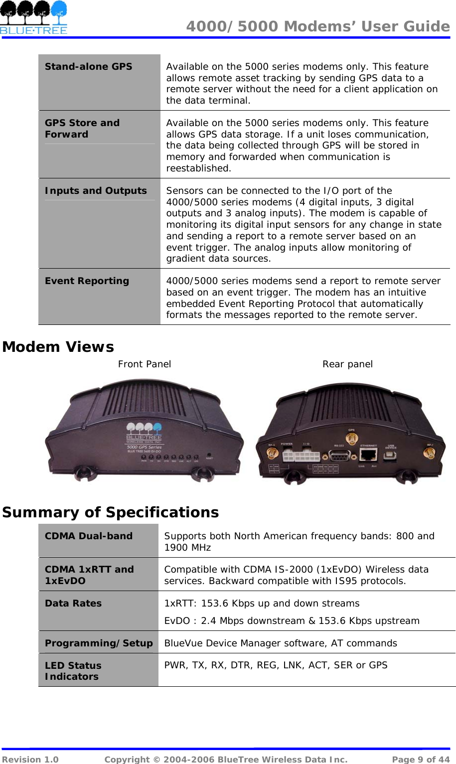 4000/5000 Modems&rsquo; User Guide   Stand-alone GPS  Available on the 5000 series modems only. This feature allows remote asset tracking by sending GPS data to a remote server without the need for a client application on the data terminal. GPS Store and Forward  Available on the 5000 series modems only. This feature allows GPS data storage. If a unit loses communication, the data being collected through GPS will be stored in memory and forwarded when communication is reestablished. Inputs and Outputs  Sensors can be connected to the I/O port of the 4000/5000 series modems (4 digital inputs, 3 digital outputs and 3 analog inputs). The modem is capable of monitoring its digital input sensors for any change in state and sending a report to a remote server based on an event trigger. The analog inputs allow monitoring of gradient data sources.  Event Reporting  4000/5000 series modems send a report to remote server based on an event trigger. The modem has an intuitive embedded Event Reporting Protocol that automatically formats the messages reported to the remote server. Modem Views                         Front Panel                                              Rear panel                                Summary of Specifications CDMA Dual-band  Supports both North American frequency bands: 800 and 1900 MHz CDMA 1xRTT and 1xEvDO  Compatible with CDMA IS-2000 (1xEvDO) Wireless data services. Backward compatible with IS95 protocols. Data Rates  1xRTT: 153.6 Kbps up and down streams EvDO : 2.4 Mbps downstream &amp; 153.6 Kbps upstream Programming/Setup  BlueVue Device Manager software, AT commands LED Status Indicators  PWR, TX, RX, DTR, REG, LNK, ACT, SER or GPS  Revision 1.0  Copyright &copy; 2004-2006 BlueTree Wireless Data Inc.  Page 9 of 44 
