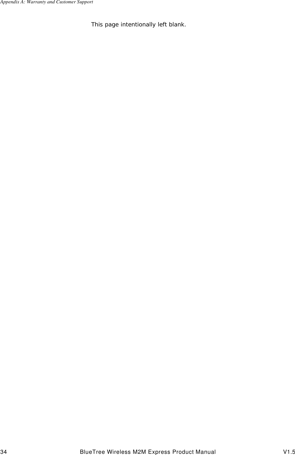 Appendix A: Warranty and Customer Support34 BlueTree Wireless M2M Express Product Manual V1.5This page intentionally left blank.