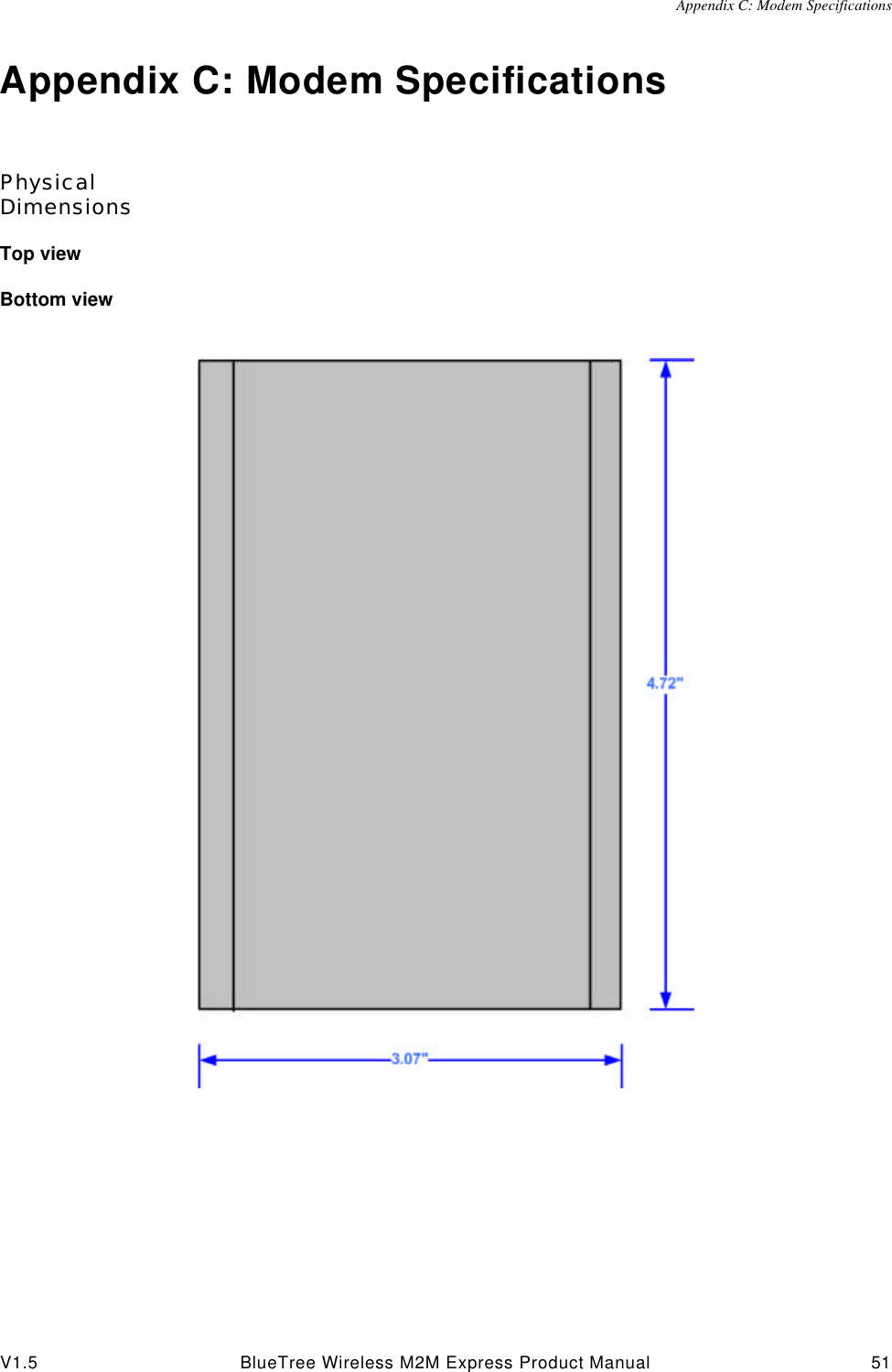 Appendix C: Modem SpecificationsV1.5 BlueTree Wireless M2M Express Product Manual 51Appendix C: Modem SpecificationsPhysical DimensionsTop viewBottom view