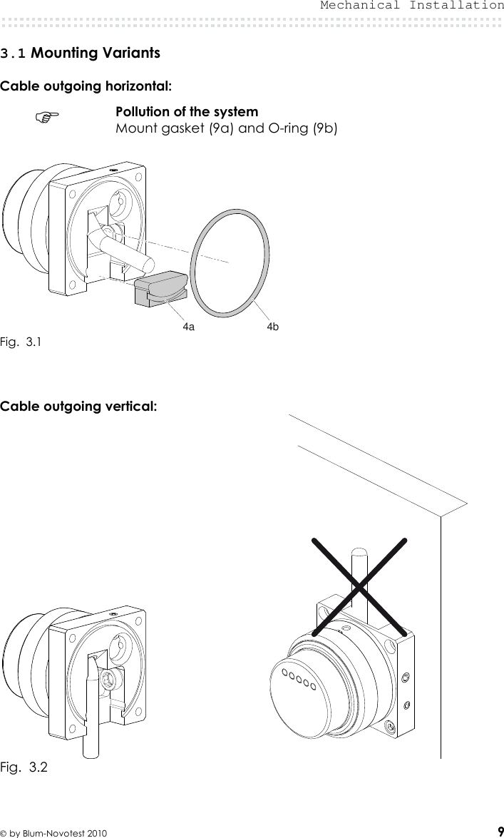  Mechanical Installation   by Blum-Novotest 2010 9 3.1 Mounting Variants  Cable outgoing horizontal:    Pollution of the system Mount gasket (9a) and O-ring (9b)         Fig.  3.1    Cable outgoing vertical:                                   Fig.  3.2   4a 4b