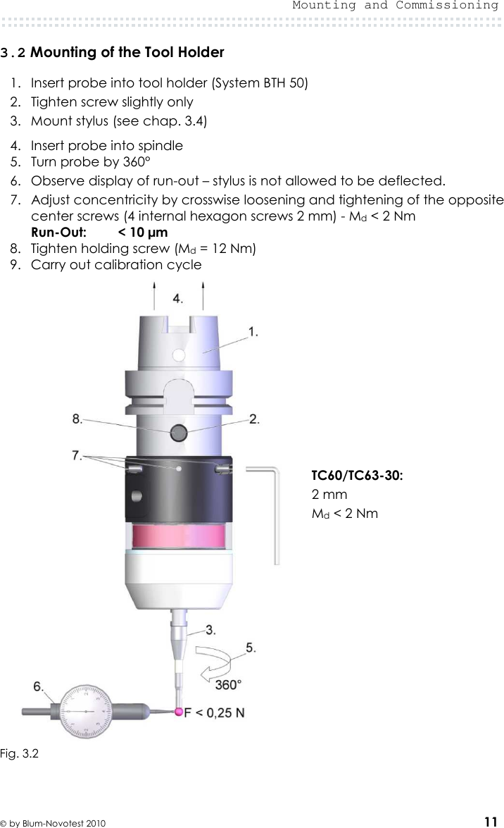  Mounting and Commissioning   by Blum-Novotest 2010 11 3.2 Mounting of the Tool Holder  1. Insert probe into tool holder (System BTH 50) 2. Tighten screw slightly only 3. Mount stylus (see chap. 3.4)      4. Insert probe into spindle 5. Turn probe by 360° 6. Observe display of run-out – stylus is not allowed to be deflected. 7. Adjust concentricity by crosswise loosening and tightening of the opposite center screws (4 internal hexagon screws 2 mm) - Md &lt; 2 Nm Run-Out:   &lt; 10 µm 8. Tighten holding screw (Md = 12 Nm) 9. Carry out calibration cycle            TC60/TC63-30:  2 mm Md &lt; 2 Nm   Fig. 3.2   