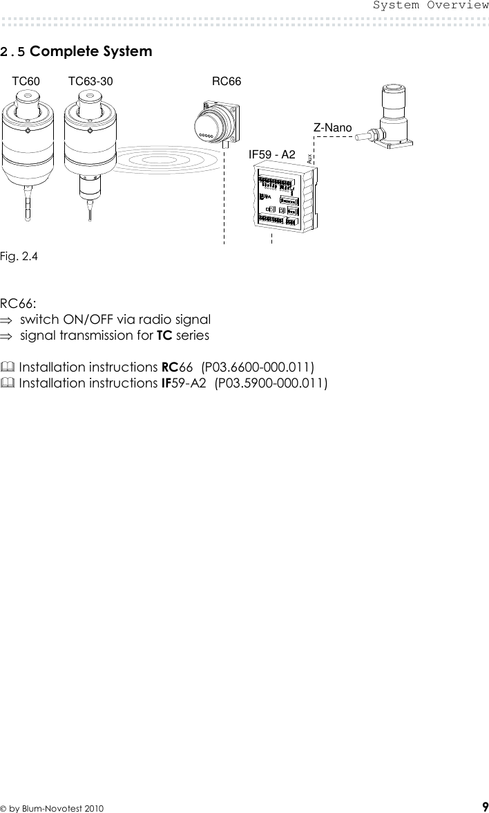  System Overview   by Blum-Novotest 2010 9 2.5 Complete System   Fig. 2.4   RC66: ⇒ switch ON/OFF via radio signal ⇒ signal transmission for TC series   Installation instructions RC66  (P03.6600-000.011)  Installation instructions IF59-A2  (P03.5900-000.011)     RC66TC60IF59 - A2Z-NanoAuxTC63-30