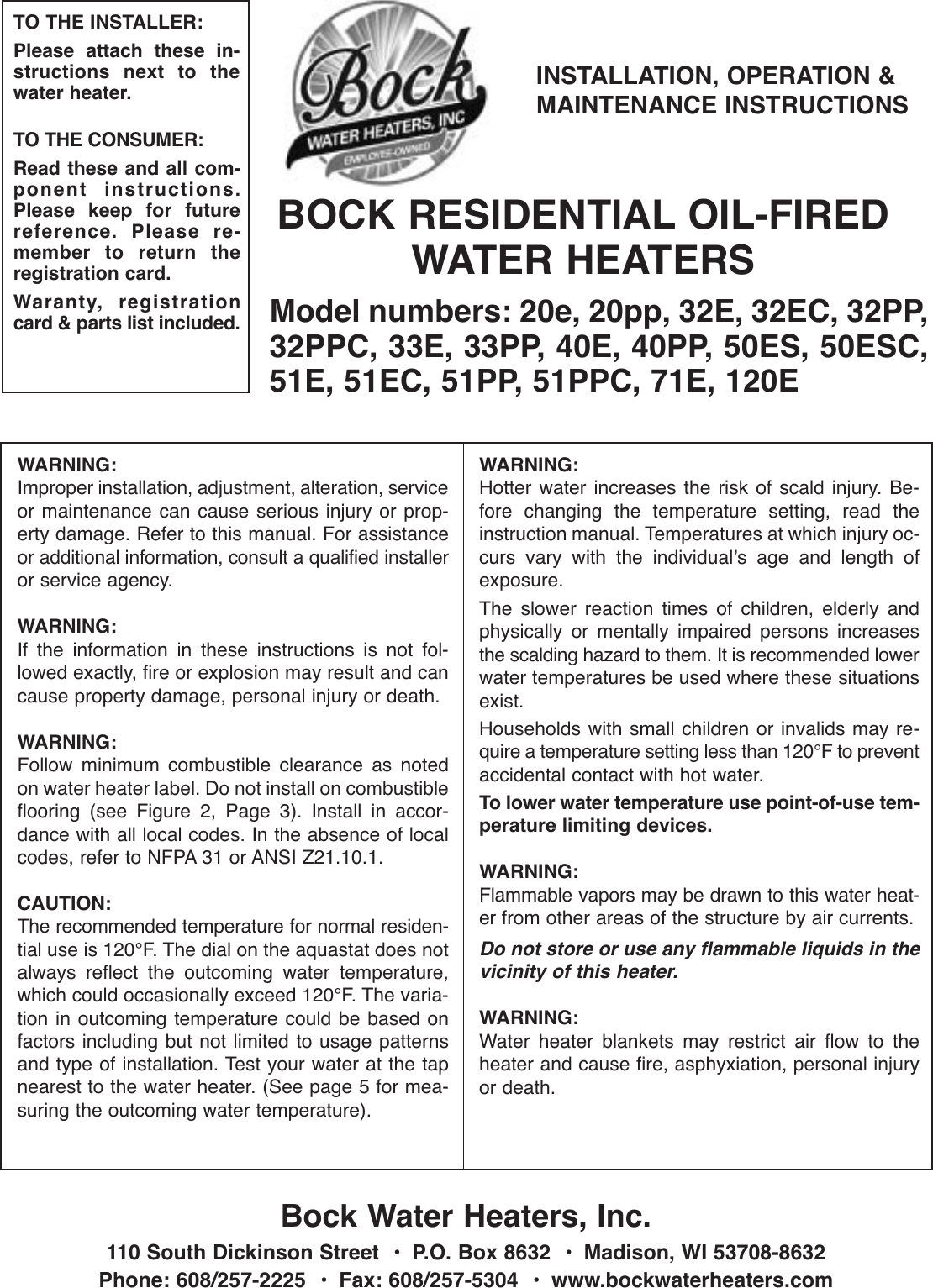 Bock Water Heaters 20Pp Users Manual 23420 Res Oil Bro