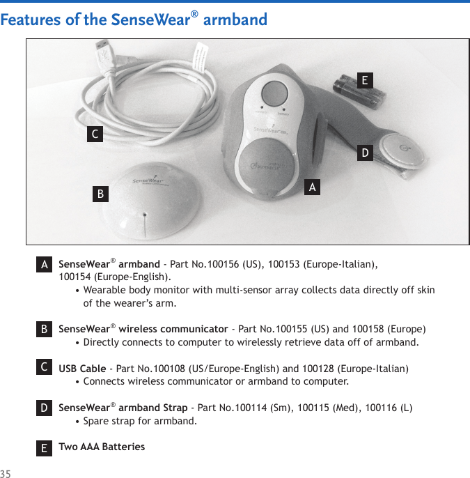 35Features of the SenseWear® armbandSenseWear® armband - Part No.100156 (US), 100153 (Europe-Italian),  100154 (Europe-English).Wearable body monitor with multi-sensor array collects data directly off skin  of the wearer’s arm. SenseWear® wireless communicator - Part No.100155 (US) and 100158 (Europe)Directly connects to computer to wirelessly retrieve data off of armband. USB Cable - Part No.100108 (US/Europe-English) and 100128 (Europe-Italian)Connects wireless communicator or armband to computer. SenseWear® armband Strap - Part No.100114 (Sm), 100115 (Med), 100116 (L)Spare strap for armband. Two AAA Batteries••••ABCDEBACED