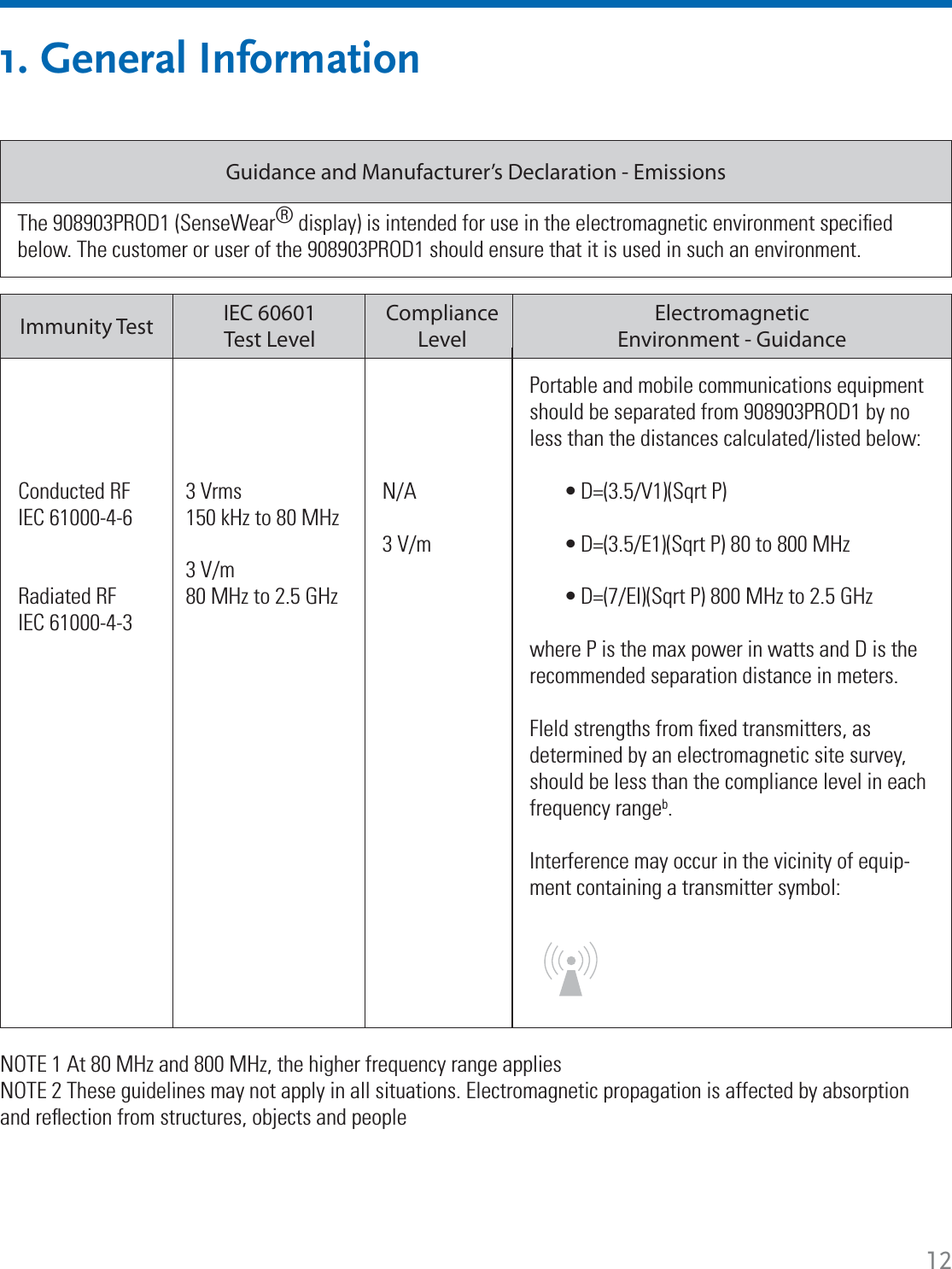 121. General InformationThe 908903PROD1 (SenseWear® display) is intended for use in the electromagnetic environment speciﬁ ed below. The customer or user of the 908903PROD1 should ensure that it is used in such an environment. Guidance and Manufacturer’s Declaration - Emissions3 Vrms  150 kHz to 80 MHz3 V/m80 MHz to 2.5 GHzIEC 60601Test LevelConducted RFIEC 61000-4-6Radiated RFIEC 61000-4-3Immunity TestN/A3 V/mComplianceLevelPortable and mobile communications equipment should be separated from 908903PROD1 by no less than the distances calculated/listed below:D=(3.5/V1)(Sqrt P)D=(3.5/E1)(Sqrt P) 80 to 800 MHzD=(7/EI)(Sqrt P) 800 MHz to 2.5 GHzwhere P is the max power in watts and D is the recommended separation distance in meters.FIeld strengths from ﬁ xed transmitters, as determined by an electromagnetic site survey, should be less than the compliance level in each frequency rangeb.Interference may occur in the vicinity of equip-ment containing a transmitter symbol:•••ElectromagneticEnvironment - GuidanceNOTE 1 At 80 MHz and 800 MHz, the higher frequency range appliesNOTE 2 These guidelines may not apply in all situations. Electromagnetic propagation is affected by absorption and reﬂ ection from structures, objects and people