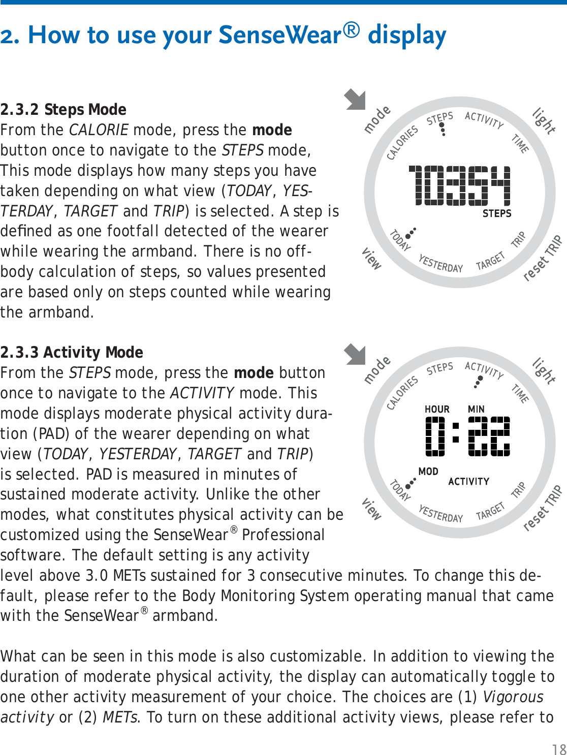 182. How to use your SenseWear® display2.3.2 Steps ModeFrom the CALORIE mode, press the mode button once to navigate to the STEPS mode, This mode displays how many steps you have taken depending on what view (TODAY, YES-TERDAY, TARGET and TRIP) is selected. A step is deﬁ ned as one footfall detected of the wearer while wearing the armband. There is no off-body calculation of steps, so values presented are based only on steps counted while wearing the armband.2.3.3 Activity ModeFrom the STEPS mode, press the mode button once to navigate to the ACTIVITY mode. This mode displays moderate physical activity dura-tion (PAD) of the wearer depending on what view (TODAY, YESTERDAY, TARGET and TRIP) is selected. PAD is measured in minutes of sustained moderate activity. Unlike the other modes, what constitutes physical activity can be customized using the SenseWear® Professional software. The default setting is any activity level above 3.0 METs sustained for 3 consecutive minutes. To change this de-fault, please refer to the Body Monitoring System operating manual that came with the SenseWear® armband.What can be seen in this mode is also customizable. In addition to viewing the duration of moderate physical activity, the display can automatically toggle to one other activity measurement of your choice. The choices are (1) Vigorous activity or (2) METs. To turn on these additional activity views, please refer to tlighresetTRIP wviemode                                   CALORIES      STEPS      ACTIVITY       TIME TODAY       YESTERDAY        TARGET       TRIP                   tlighresetTRIP wviemode                                   CALORIES      STEPS      ACTIVITY       TIME TODAY       YESTERDAY        TARGET       TRIP                   