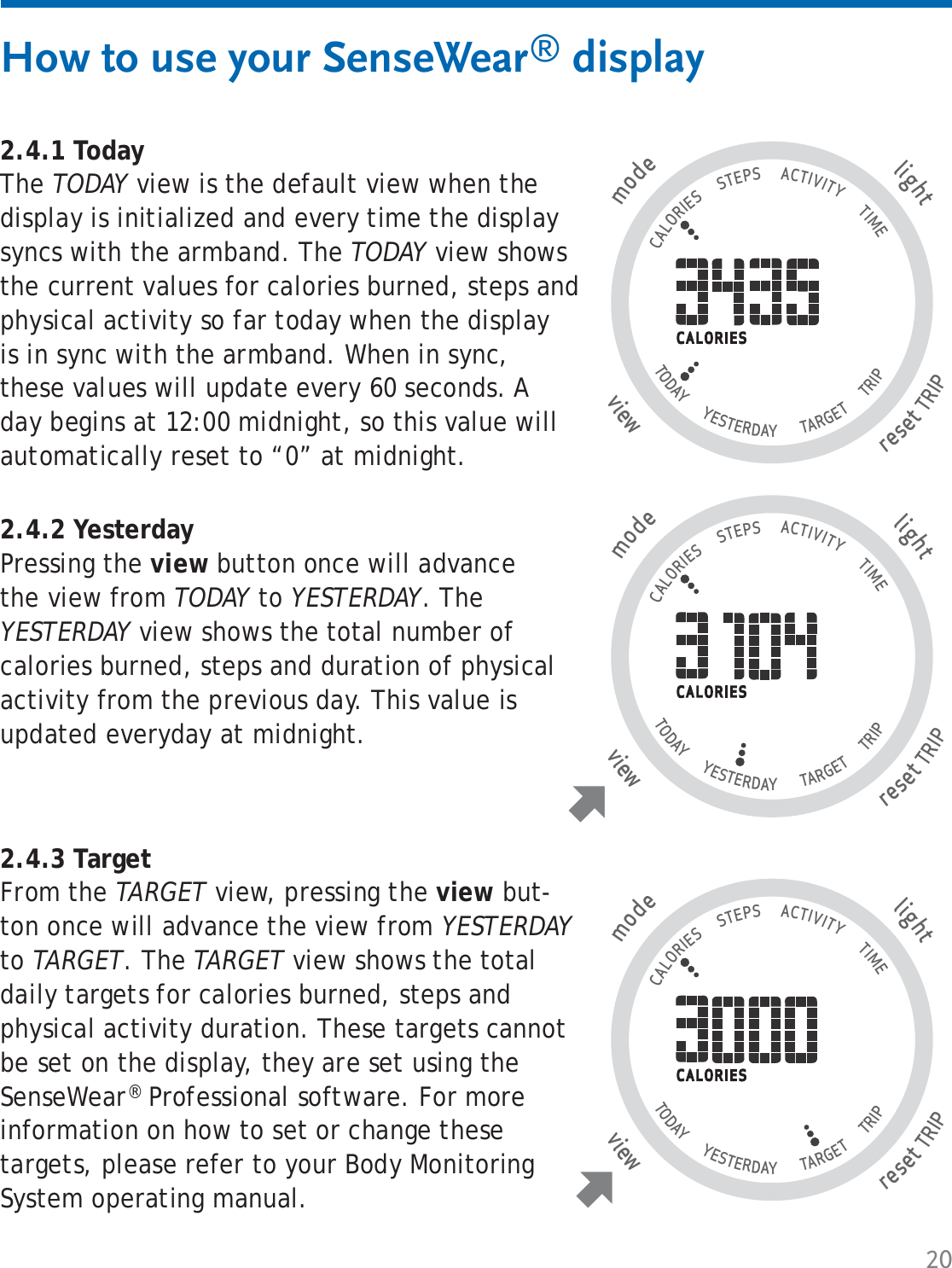 20How to use your SenseWear® display2.4.1 TodayThe TODAY view is the default view when the display is initialized and every time the display syncs with the armband. The TODAY view shows the current values for calories burned, steps and physical activity so far today when the display is in sync with the armband. When in sync, these values will update every 60 seconds. A day begins at 12:00 midnight, so this value will automatically reset to “0” at midnight.tlighresetTRIP wviemode                                   CALORIES      STEPS      ACTIVITY       TIME TODAY       YESTERDAY        TARGET       TRIP                   2.4.2 YesterdayPressing the view button once will advance the view from TODAY to YESTERDAY. The YESTERDAY view shows the total number of calories burned, steps and duration of physical activity from the previous day. This value is updated everyday at midnight.tlighresetTRIP wviemode                                   CALORIES      STEPS      ACTIVITY       TIME TODAY       YESTERDAY        TARGET       TRIP                   2.4.3 TargetFrom the TARGET view, pressing the view but-ton once will advance the view from YESTERDAY to TARGET. The TARGET view shows the total daily targets for calories burned, steps and physical activity duration. These targets cannot be set on the display, they are set using the SenseWear® Professional software. For more information on how to set or change these targets, please refer to your Body Monitoring System operating manual.tlighresetTRIP wviemode                                   CALORIES      STEPS      ACTIVITY       TIME TODAY       YESTERDAY        TARGET       TRIP                   