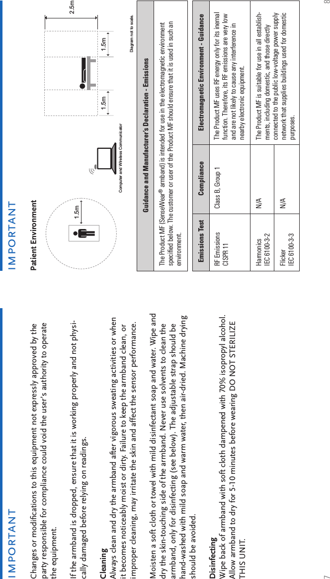 7 8importantimportantChanges or modiﬁ cations to this equipment not expressly approved by the party responsible for compliance could void the user’s authority to operate the equipment.If the armband is dropped, ensure that it is working properly and not physi-cally damaged before relying on readings.Cleaning Always clean and dry the armband after vigorous sweating activities or when it becomes noticeably moist or dirty. Failure to keep the armband clean, or improper cleaning, may irritate the skin and affect the sensor performance. Moisten a soft cloth or towel with mild disinfectant soap and water. Wipe and dry the skin-touching side of the armband. Never use solvents to clean the armband, only for disinfecting (see below). The adjustable strap should be hand-washed with mild soap and warm water, then air-dried. Machine drying should be avoided. Disinfecting Wipe back of armband with soft cloth dampened with 70% isopropyl alcohol. Allow armband to dry for 5-10 minutes before wearing DO NOT STERILIZE THIS UNIT.FlickerIEC 6100-3-3N/AHarmonics IEC 6100-3-2N/A The Product MF is suitable for use in all establish-ments, including domestic, and those directly connected to the public low-voltage power supply network that supplies buildings used for domestic purposes.RF Emissions CISPR 11 Class B, Group 1 The Product MF uses RF energy only for its inernal function. Therefore, its RF emissions are very low and are not likely to cause any interference in nearby electronic equipment.The Product MF (SenseWear® armband) is intended for use in the electromagnetic environment speciﬁ ed below. The customer or user of the Product MF should ensure that it is used in such an environment. Guidance and Manufacturer’s Declaration - EmissionsEmissions Test Compliance Electromagnetic Environment - GuidanceComputer and Wireless Communicator1.5mDiagram not to scale.1.5m 1.5m2.5mPatient Environment 