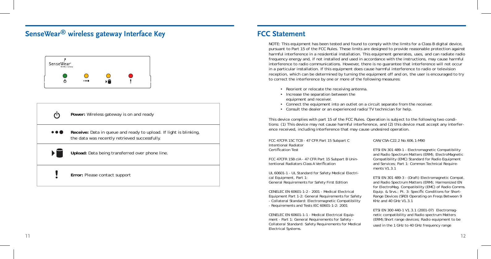 11 12SenseWear® wireless gateway Interface KeyPower: Wireless gateway is on and readyReceive: Data in queue and ready to upload. If light is blinking, the data was recently retrieved successfully. Upload: Data being transferred over phone line.Error: Please contact supportFCC StatementNOTE: This equipment has been tested and found to comply with the limits for a Class B digital device, pursuant to Part 15 of the FCC Rules. These limits are designed to provide reasonable protection against harmful interference in a residential installation. This equipment generates, uses, and can radiate radio frequency energy and, if not installed and used in accordance with the instructions, may cause harmful interference to radio communications. However, there is no guarantee that interference will not occur in a particular installation. If this equipment does cause harmful interference to radio or television reception, which can be determined by turning the equipment off and on, the user is encouraged to try to correct the interference by one or more of the following measures:Reorient or relocate the receiving antenna. Increase the separation between the equipment and receiver. Connect the equipment into an outlet on a circuit separate from the receiver. Consult the dealer or an experienced radio/TV technician for help. This device complies with part 15 of the FCC Rules. Operation is subject to the following two condi-tions: (1) This device may not cause harmful interference, and (2) this device must accept any interfer-ence received, including interference that may cause undesired operation.••••FCC 47CFR 15C TCB - 47 CFR Part 15 Subpart C Intentional Radiator Certiﬁ cation TestFCC 47CFR 15B clA - 47 CFR Part 15 Subpart B Unin-tentional Radiators Class A Veriﬁ cationUL 60601-1 - UL Standard for Safety Medical Electri-cal Equipment, Part 1: General Requirements for Safety First EditionCENELEC EN 60601-1-2 - 2001 - Medical Electrical Equipment Part 1-2: General Requirements for Safety - Collateral Standard: Electromagnetic Compatibility - Requirements and Tests IEC 60601-1-2: 2001CENELEC EN 60601-1-1 - Medical Electrical Equip-ment - Part 1: General Requirements for Safety - Collateral Standard: Safety Requirements for Medical Electrical Systems.CAN/CSA-C22.2 No.606.1-M90ETSI EN 301 489-1 - Electromagnetic Compatibility and Radio Spectrum Matters (ERM); ElectroMagnetic Compatibility (EMC) Standard for Radio Equipment and Services; Part 1: Common Technical Require-ments V1.3.1 ETSI EN 301 489-3 - (Draft) Electromagnetic Compat. and Radio Spectrum Matters (ERM); Harmonized EN for ElectroMag. Compatibility (EMC) of Radio Comms. Equip. &amp; Srvs.; Pt. 3: Speciﬁ c Conditions for Short-Range Devices (SRD) Operating on Freqs Between 9 KHz and 40 GHz V1.3.1ETSI EN 300 440-1 V1.3.1 (2001-07)  Electromag-netic compatibility and Radio spectrum Matters (ERM);Short range devices; Radio equipment to be used in the 1 GHz to 40 GHz frequency range