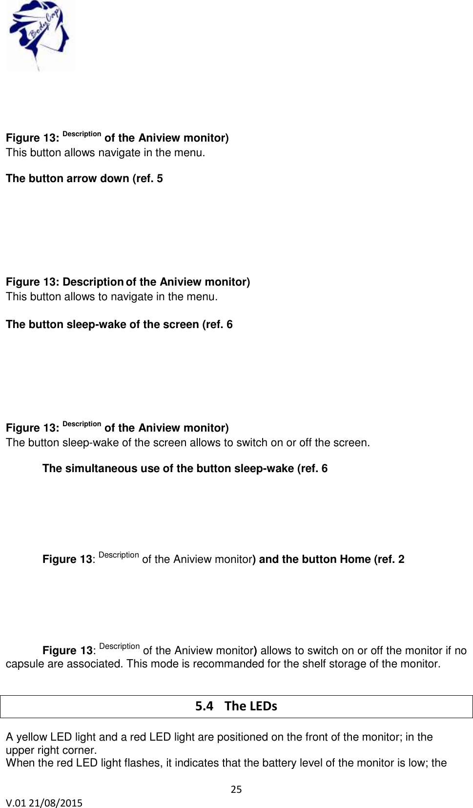 25 V.01 21/08/2015 Figure 13: Description of the Aniview monitor) This button allows navigate in the menu. The button arrow down (ref. 5 Figure 13: Description of the Aniview monitor) This button allows to navigate in the menu. The button sleep-wake of the screen (ref. 6 Figure 13: Description of the Aniview monitor) The button sleep-wake of the screen allows to switch on or off the screen. The simultaneous use of the button sleep-wake (ref. 6 Figure 13: Description of the Aniview monitor) and the button Home (ref. 2 Figure 13: Description of the Aniview monitor) allows to switch on or off the monitor if no capsule are associated. This mode is recommanded for the shelf storage of the monitor. 5.4 The LEDs A yellow LED light and a red LED light are positioned on the front of the monitor; in the upper right corner. When the red LED light flashes, it indicates that the battery level of the monitor is low; the