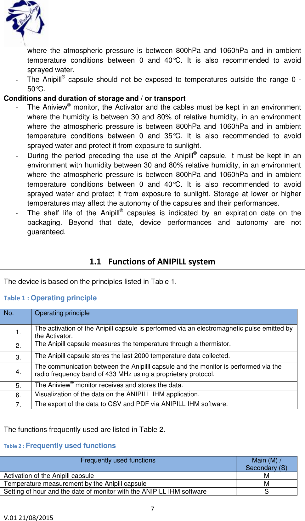 7 V.01 21/08/2015 where the atmospheric pressure is between 800hPa and 1060hPa and in ambient temperature conditions between 0 and 40°C. It is also recommended to avoid sprayed water. - The Anipill® capsule should not be exposed to temperatures outside the range 0 - 50°C. Conditions and duration of storage and / or transport - The Aniview® monitor, the Activator and the cables must be kept in an environment where the humidity is between 30 and 80% of relative humidity, in an environment where the atmospheric pressure is between 800hPa and 1060hPa and in ambient temperature conditions between 0 and 35°C. It is also recommended to avoid sprayed water and protect it from exposure to sunlight. - During the period preceding the use of the Anipill® capsule, it must be kept in an environment with humidity between 30 and 80% relative humidity, in an environment where the atmospheric pressure is between 800hPa and 1060hPa and in ambient temperature conditions between 0 and 40°C. It is also recommended to avoid sprayed water and protect it from exposure to sunlight. Storage at lower or higher temperatures may affect the autonomy of the capsules and their performances. - The shelf life of the Anipill® capsules is indicated by an expiration date on the packaging. Beyond that date, device performances and autonomy are not guaranteed. 1.1 Functions of ANIPILL system The device is based on the principles listed in Table 1. Table 1 : Operating principle No. Operating principle 1. The activation of the Anipill capsule is performed via an electromagnetic pulse emitted by the Activator. 2. The Anipill capsule measures the temperature through a thermistor. 3. The Anipill capsule stores the last 2000 temperature data collected. 4. The communication between the Anipilll capsule and the monitor is performed via the radio frequency band of 433 MHz using a proprietary protocol. 5. The Aniview® monitor receives and stores the data. 6. Visualization of the data on the ANIPILL IHM application. 7. The export of the data to CSV and PDF via ANIPILL IHM software. The functions frequently used are listed in Table 2. Table 2 : Frequently used functions Frequently used functions Main (M) / Secondary (S) Activation of the Anipill capsule M Temperature measurement by the Anipill capsule M Setting of hour and the date of monitor with the ANIPILL IHM software S