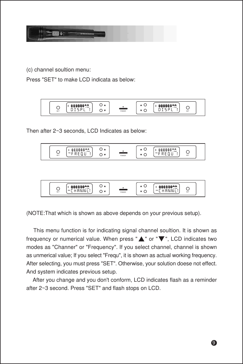 9(c) channel soultion menu:(NOTE:That which is shown as above depends on your previous setup).Press &quot;SET&quot; to make LCD indicata as below:SET SETPOWERSET SETPOWERSET SETPOWERThen after 2~3 seconds, LCD Indicates as below:    This menu function is for indicating signal channel soultion. It is shown as frequency or numerical value. When press &quot;    &quot; or &quot;    &quot;, LCD indicates two modes as &quot;Channer&quot; or &quot;Frequency&quot;. If you select channel, channel is shown as unmerical value; If you select &quot;Frequ&quot;, it is shown as actual working frequency. After selecting, you must press &quot;SET&quot;. Otherwise, your solution doese not effect. And system indicates previous setup.    After you change and you don&apos;t conform, LCD indicates flash as a reminder after 2~3 second. Press &quot;SET&quot; and flash stops on LCD.