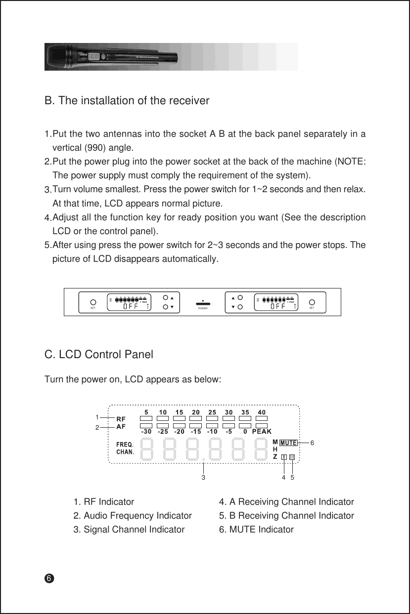 6B. The installation of the receiverPut the two antennas into the socket A B at the back panel separately in a vertical (990) angle.Put the power plug into the power socket at the back of the machine (NOTE: The power supply must comply the requirement of the system).Turn volume smallest. Press the power switch for 1~2 seconds and then relax. At that time, LCD appears normal picture.Adjust all the function key for ready position you want (See the description LCD or the control panel).After using press the power switch for 2~3 seconds and the power stops. The picture of LCD disappears automatically.1.2.3.4.5.SET SETPOWERC. LCD Control Panel1. RF Indicator2. Audio Frequency Indicator3. Signal Channel IndicatorTurn the power on, LCD appears as below:123 4 564. A Receiving Channel Indicator5. B Receiving Channel Indicator6. MUTE Indicator