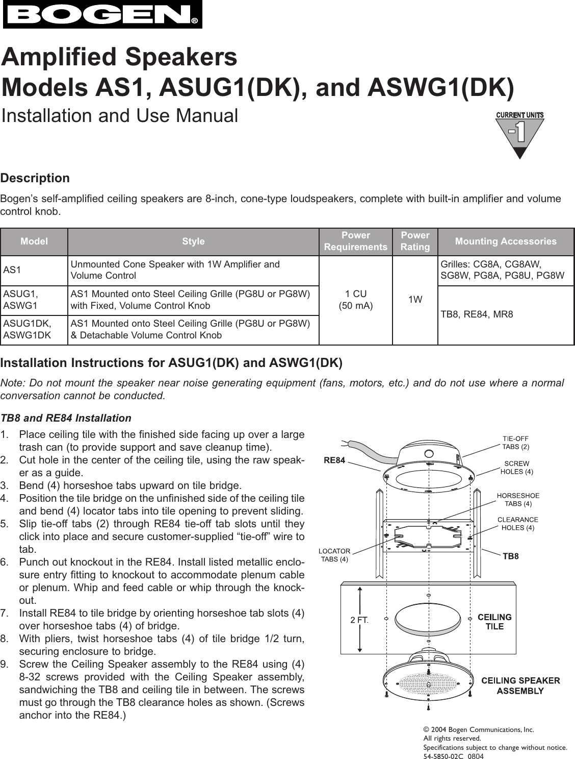 Page 1 of 2 - Bogen Bogen-Asug1Dk-Users-Manual- AS1, ASWGI, & ASWGIDK Manual - Self- Amplified Speakers  Bogen-asug1dk-users-manual