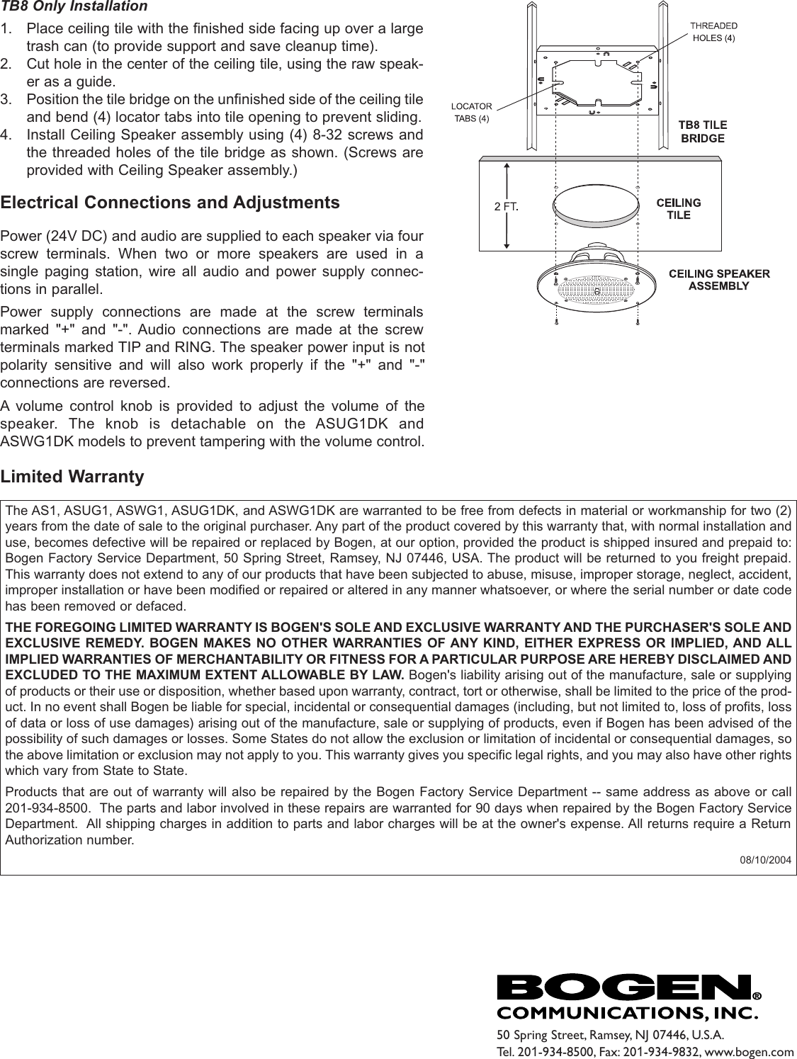 Page 2 of 2 - Bogen Bogen-Asug1Dk-Users-Manual- AS1, ASWGI, & ASWGIDK Manual - Self- Amplified Speakers  Bogen-asug1dk-users-manual