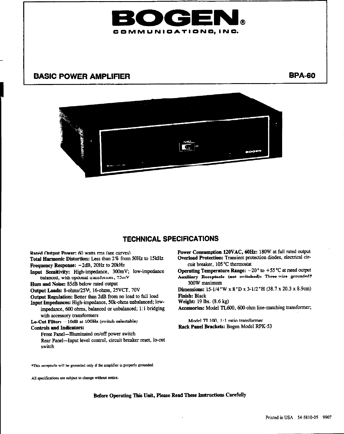 Page 1 of 4 - Bogen Bogen-Bogen-Communications-Car-Amplifier-Bpa-60-Users-Manual- BPA60 Manual - Basic Power Amplifier  Bogen-bogen-communications-car-amplifier-bpa-60-users-manual