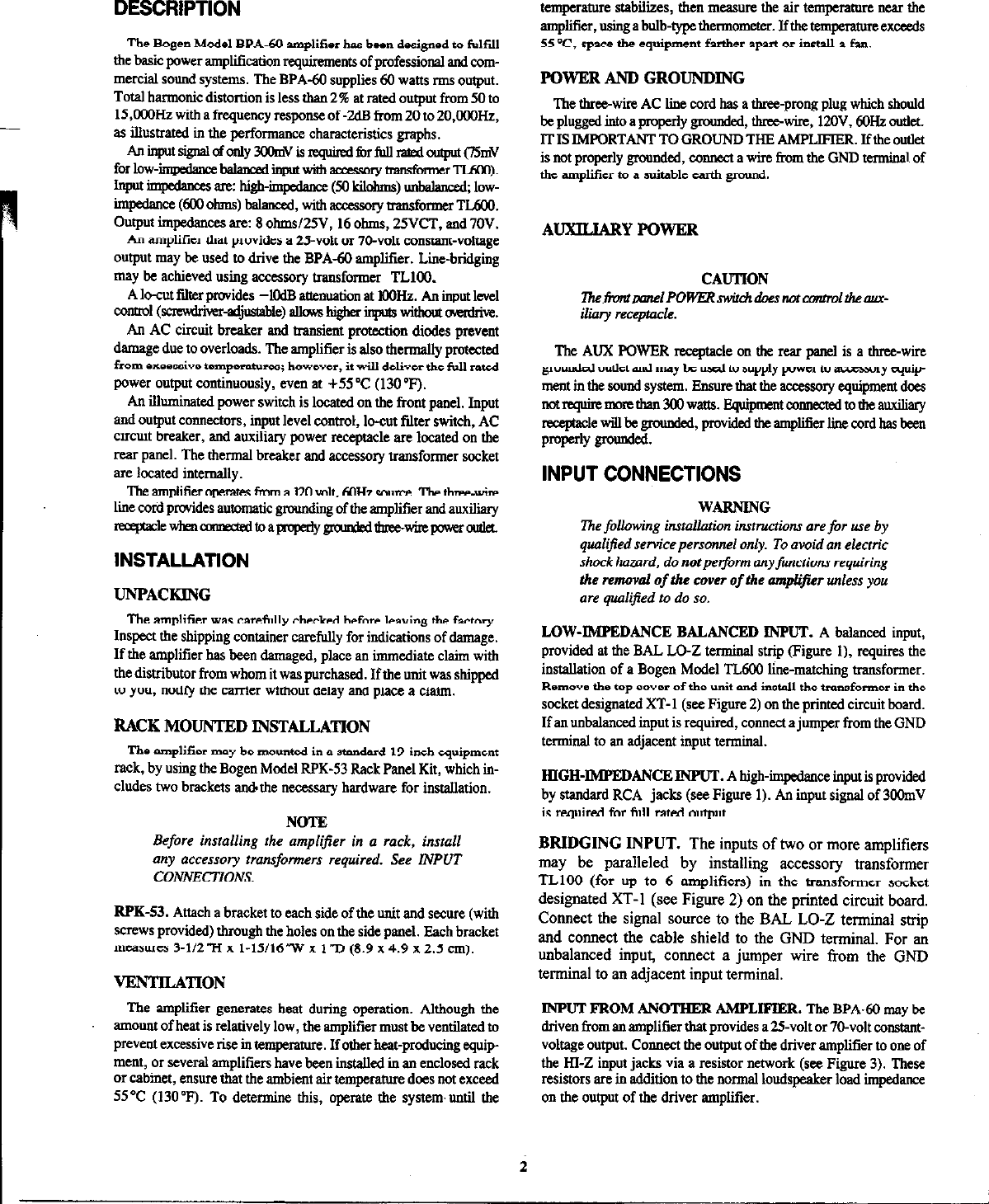 Page 2 of 4 - Bogen Bogen-Bogen-Communications-Car-Amplifier-Bpa-60-Users-Manual- BPA60 Manual - Basic Power Amplifier  Bogen-bogen-communications-car-amplifier-bpa-60-users-manual