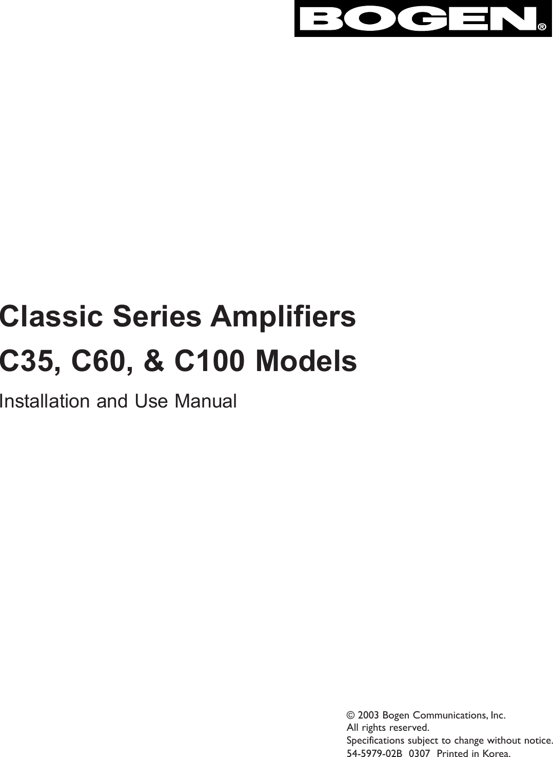 Page 1 of 12 - Bogen Bogen-Bogen-Communications-Car-Amplifier-C60-Users-Manual- C35, C60, & C100 Manual - Public Address Amplifiers  Bogen-bogen-communications-car-amplifier-c60-users-manual