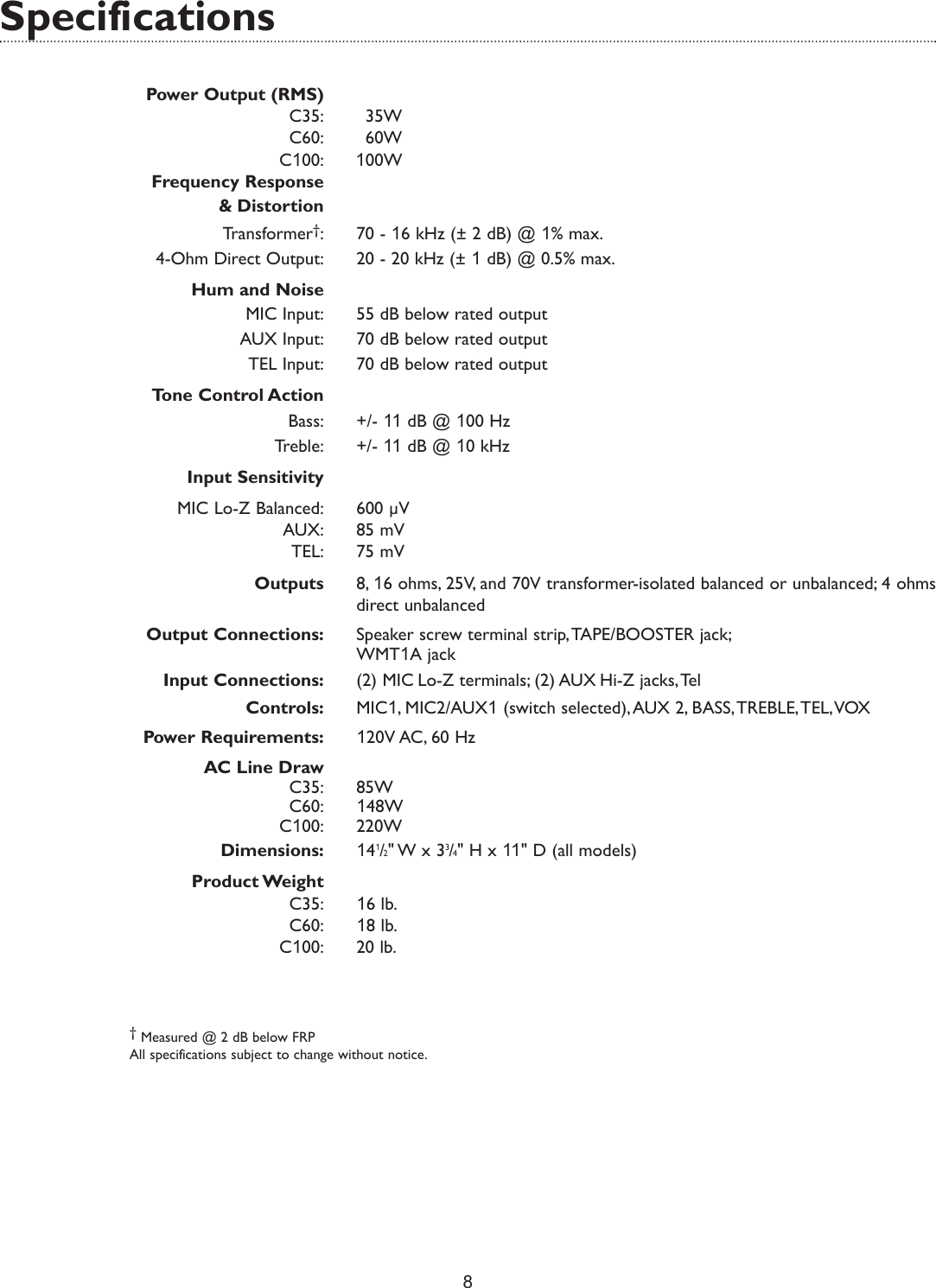 Page 10 of 12 - Bogen Bogen-Bogen-Communications-Car-Amplifier-C60-Users-Manual- C35, C60, & C100 Manual - Public Address Amplifiers  Bogen-bogen-communications-car-amplifier-c60-users-manual