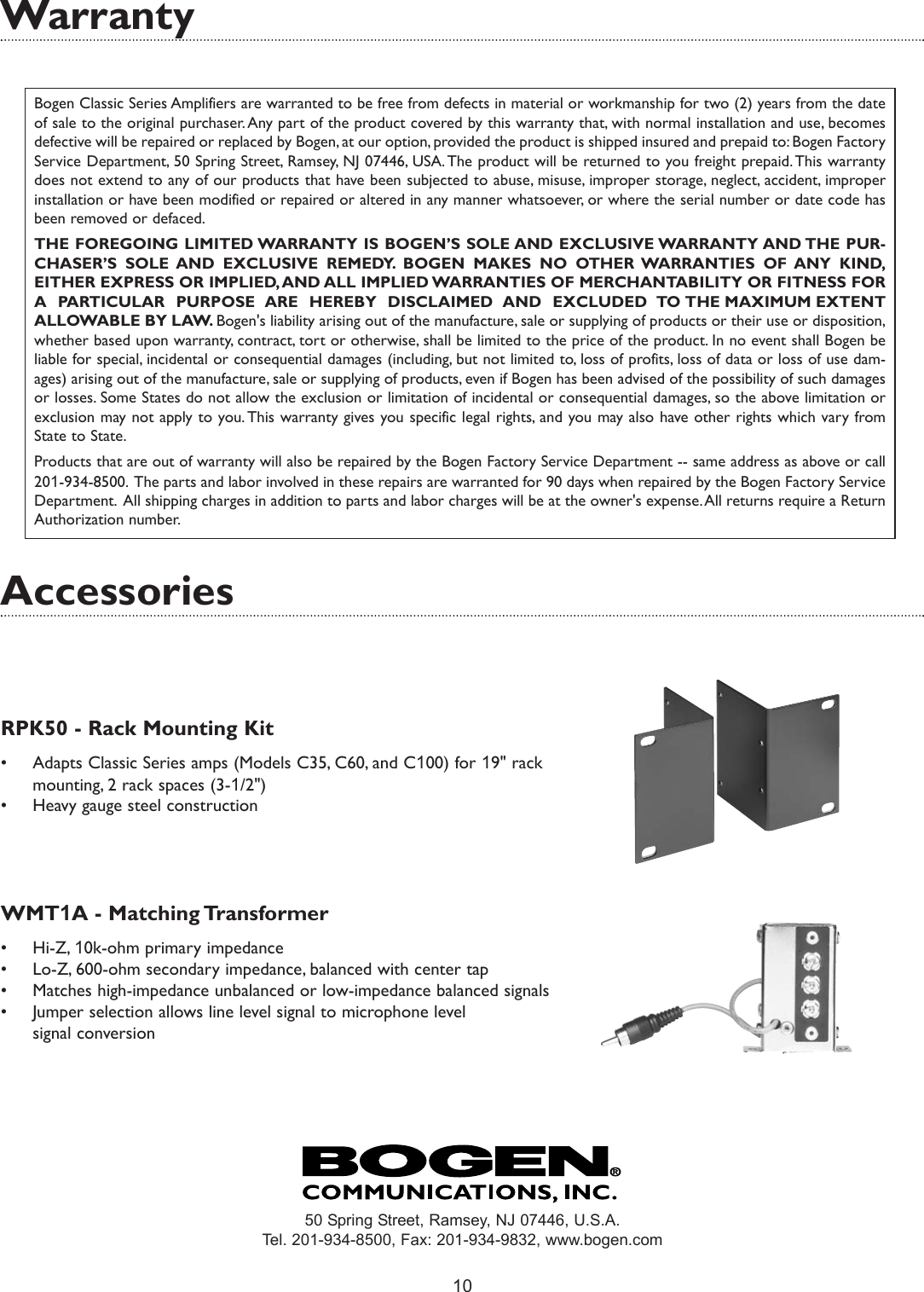 Page 12 of 12 - Bogen Bogen-Bogen-Communications-Car-Amplifier-C60-Users-Manual- C35, C60, & C100 Manual - Public Address Amplifiers  Bogen-bogen-communications-car-amplifier-c60-users-manual