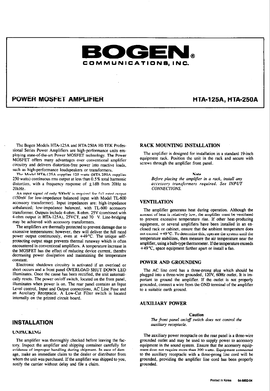 Page 1 of 5 - Bogen Bogen-Bogen-Communications-Car-Amplifier-Hta-125A-Users-Manual- HTA125A HTA250A Manual - Power Mosfet Amplifier  Bogen-bogen-communications-car-amplifier-hta-125a-users-manual