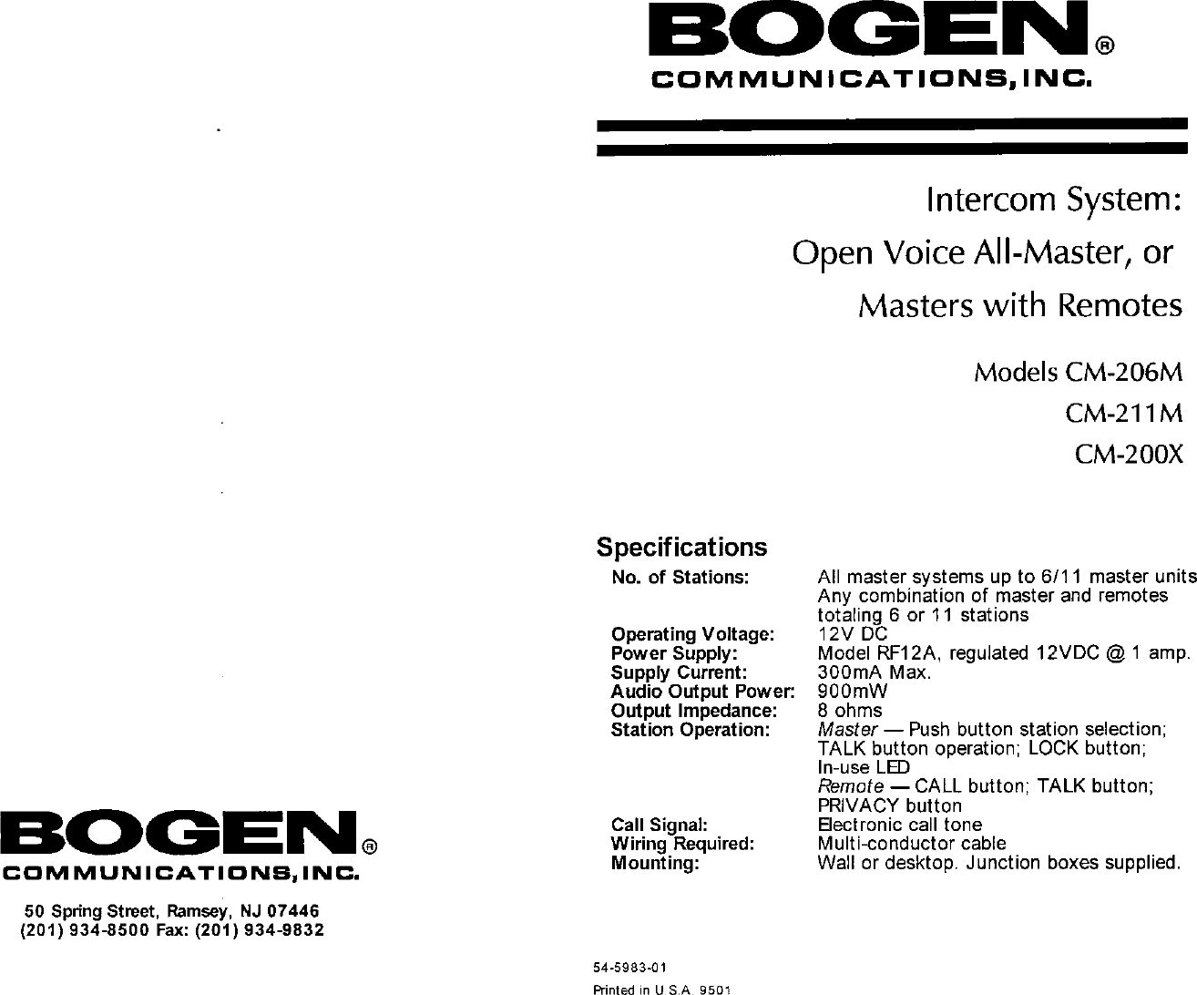 Page 1 of 8 - Bogen Bogen-Bogen-Communications-Intercom-System-Cm-206M-Users-Manual- CM206M CM211M CM200X Manual - Intercom Systems  Bogen-bogen-communications-intercom-system-cm-206m-users-manual