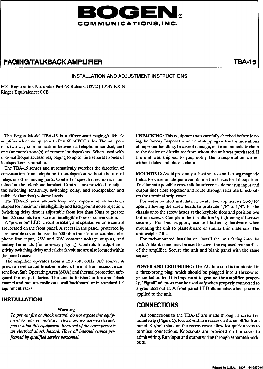 Page 1 of 6 - Bogen Bogen-Bogen-Communications-Stereo-Amplifier-Tba-15-Users-Manual- TBA15 Manual - Paging/Talkback Amplifier  Bogen-bogen-communications-stereo-amplifier-tba-15-users-manual