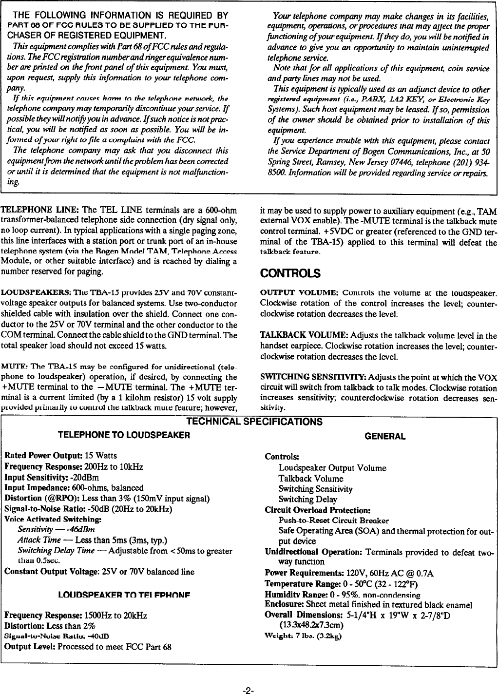 Page 2 of 6 - Bogen Bogen-Bogen-Communications-Stereo-Amplifier-Tba-15-Users-Manual- TBA15 Manual - Paging/Talkback Amplifier  Bogen-bogen-communications-stereo-amplifier-tba-15-users-manual