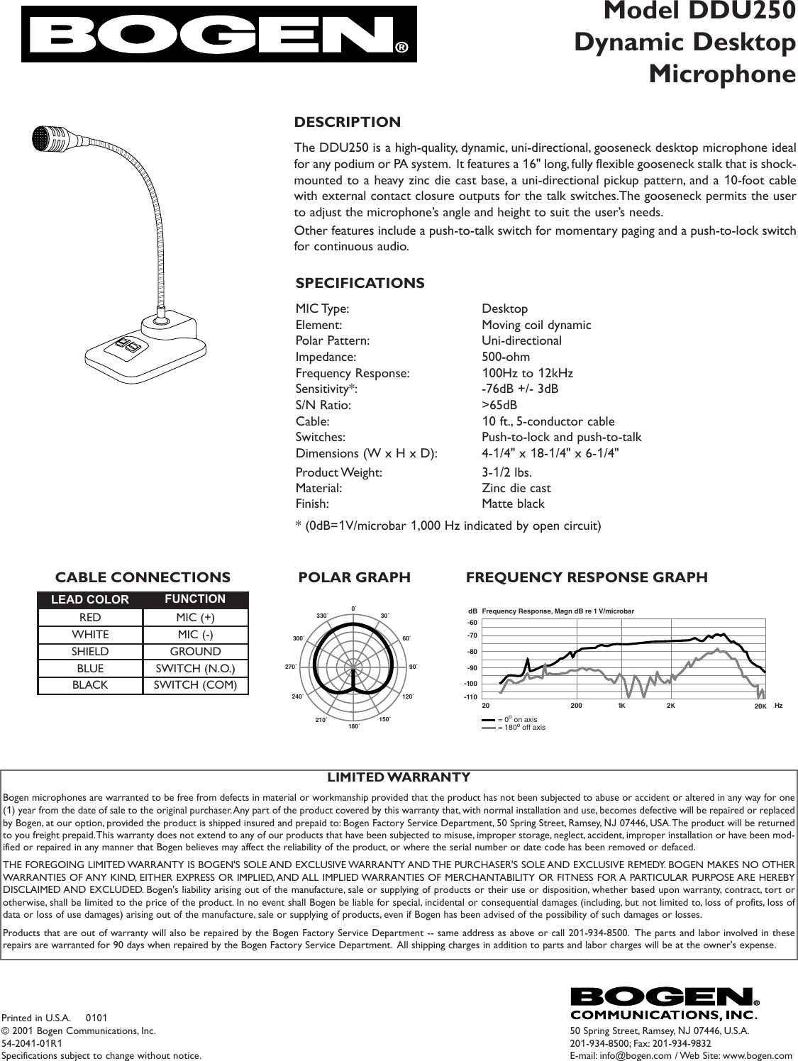 Page 1 of 1 - Bogen Bogen-Bogen-Communications-Telephone-Ddu250-Users-Manual- DDU250 Manual - Dynamic Desktop Microphone  Bogen-bogen-communications-telephone-ddu250-users-manual