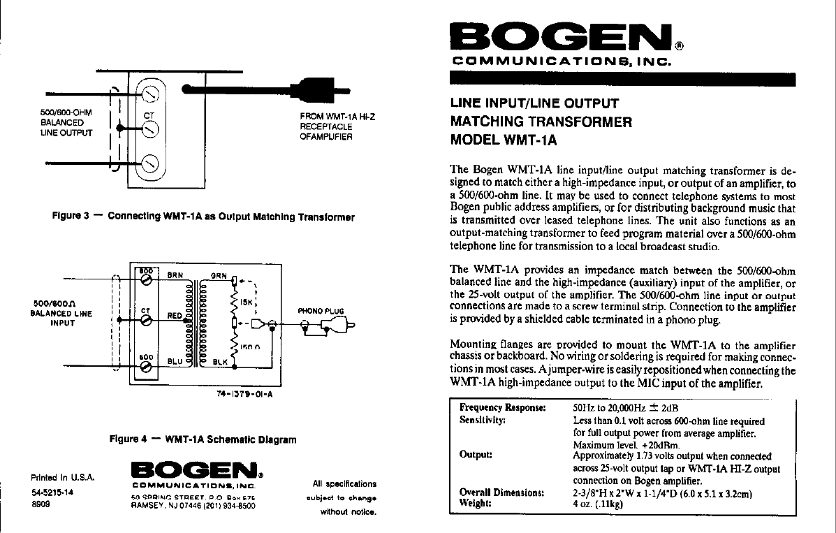 Page 1 of 4 - Bogen Bogen-Bogen-Communications-Water-Heater-Wmt-1A-Users-Manual- WMT1A Manual - Line Input/Output Matching Transformer  Bogen-bogen-communications-water-heater-wmt-1a-users-manual