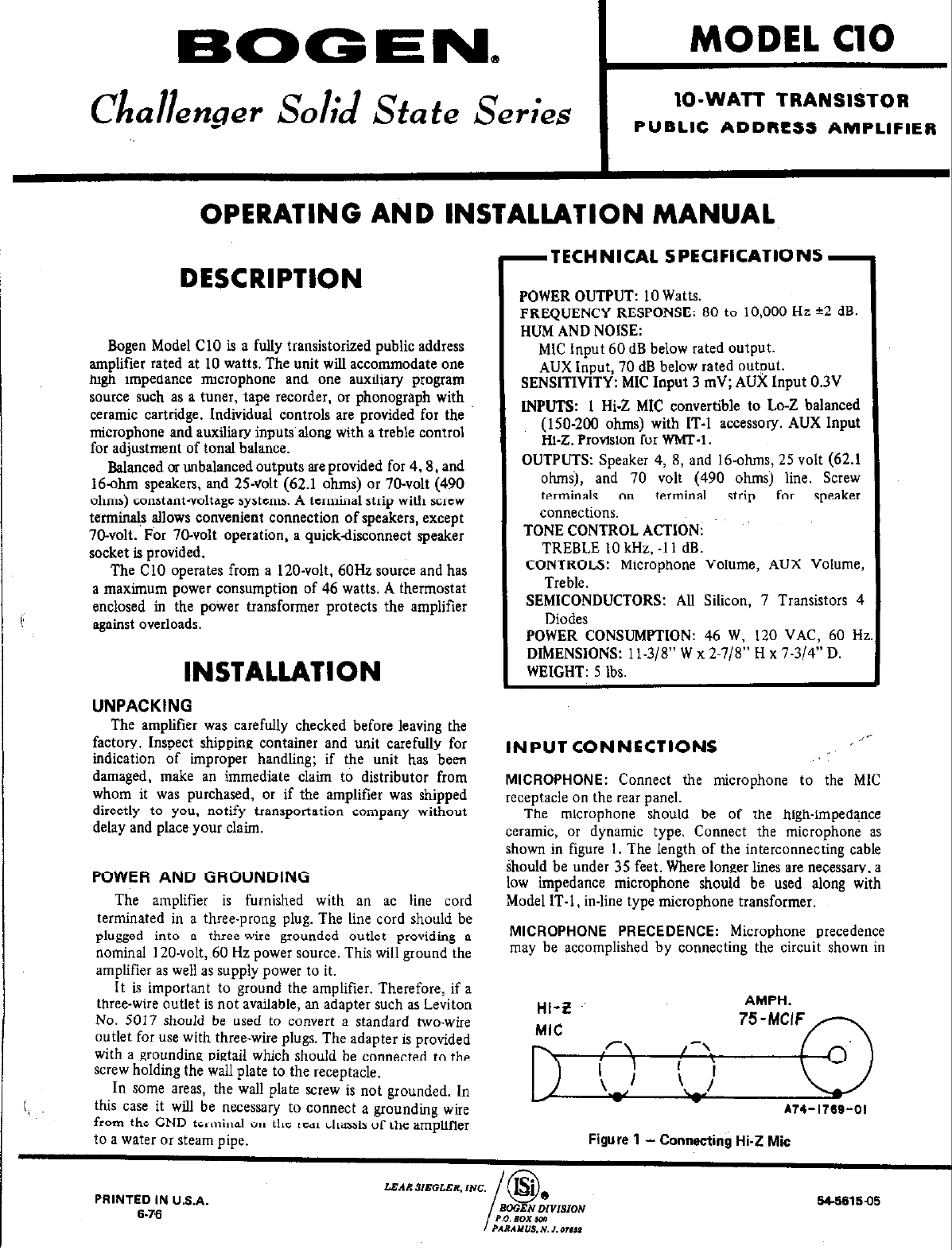 Page 1 of 4 - Bogen Bogen-Challenger-Solid-State-Series-C10-Users-Manual- C10 Manual Bogen-challenger-solid-state-series-c10-users-manual