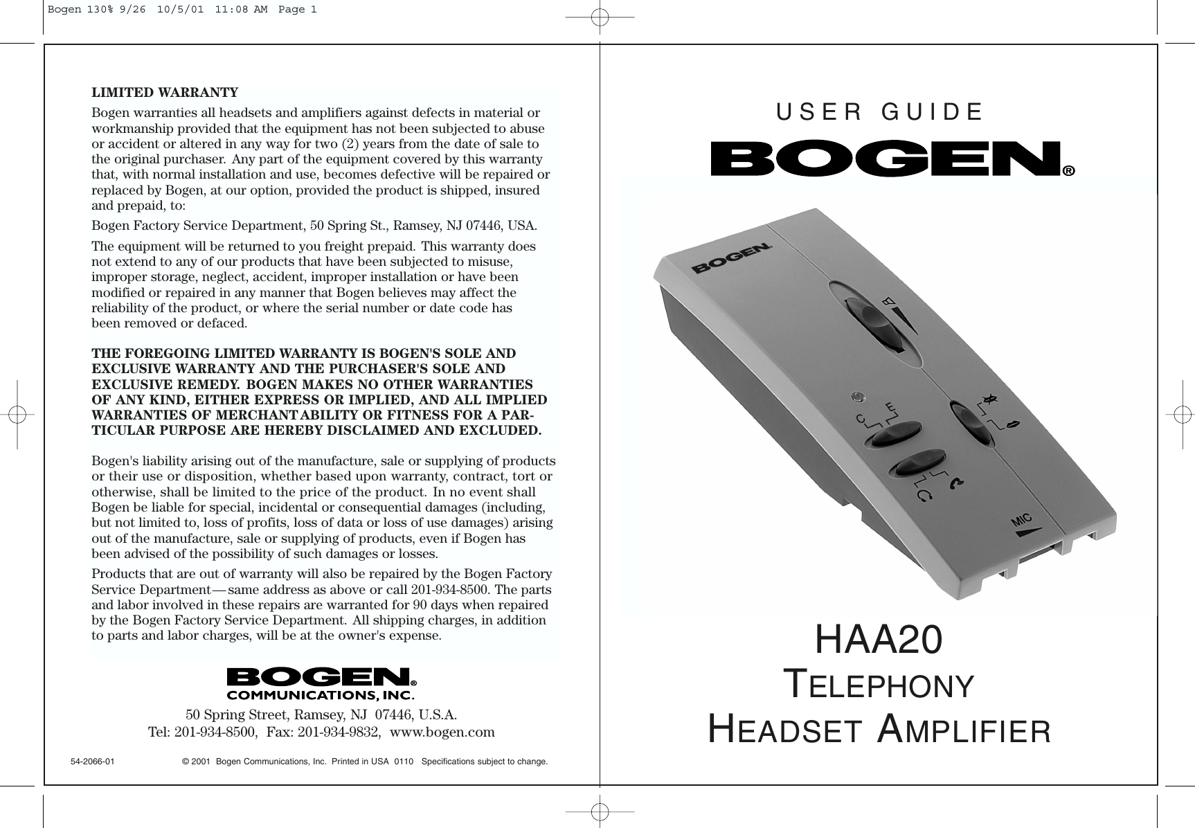 Page 1 of 8 - Bogen Bogen-Haa20-Users-Manual- HAA20 - Telephony Headset Amp Manual  Bogen-haa20-users-manual