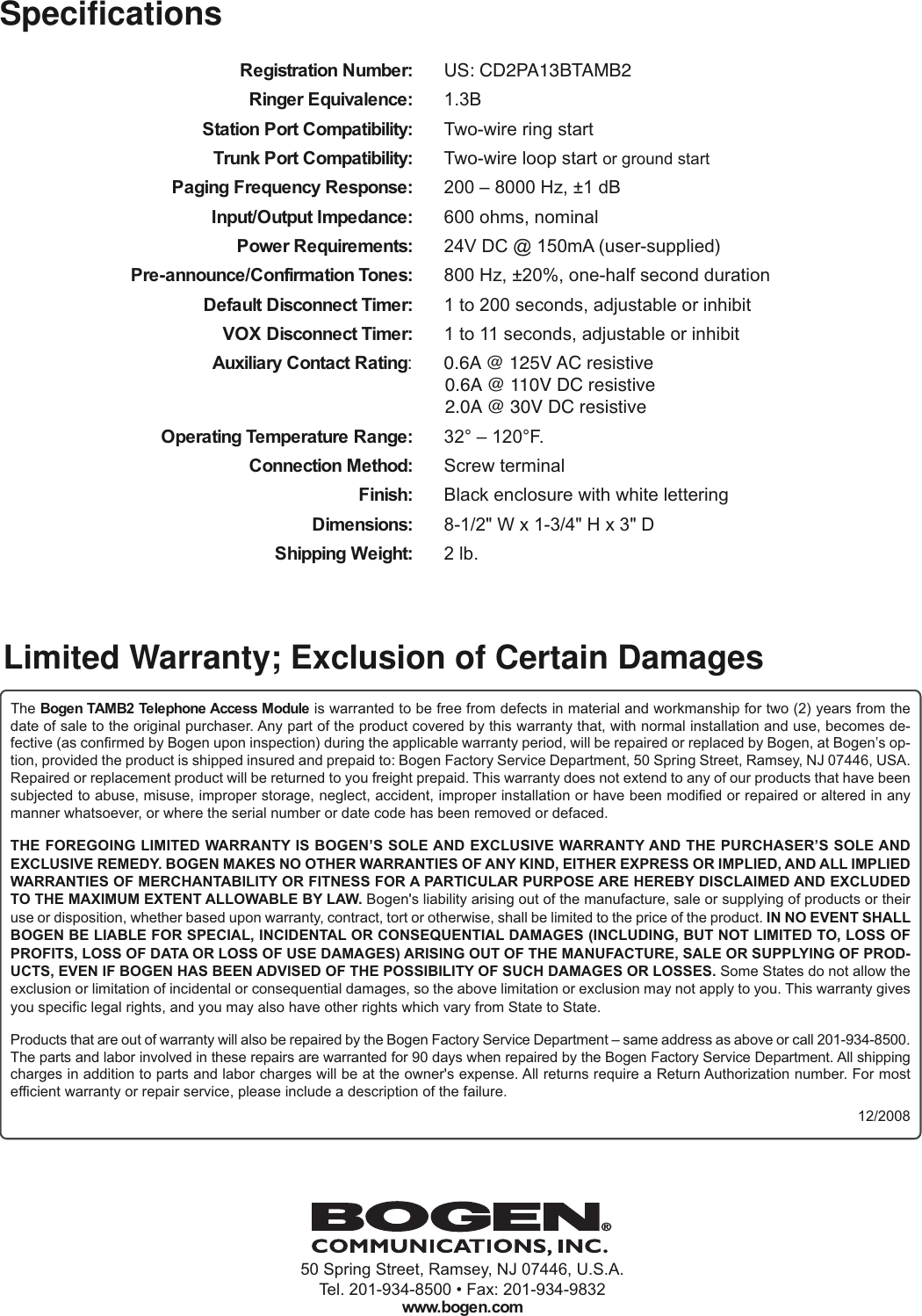 Page 8 of 8 - Bogen Bogen-Tamb2-Users-Manual- TAMB2 Manual  Bogen-tamb2-users-manual