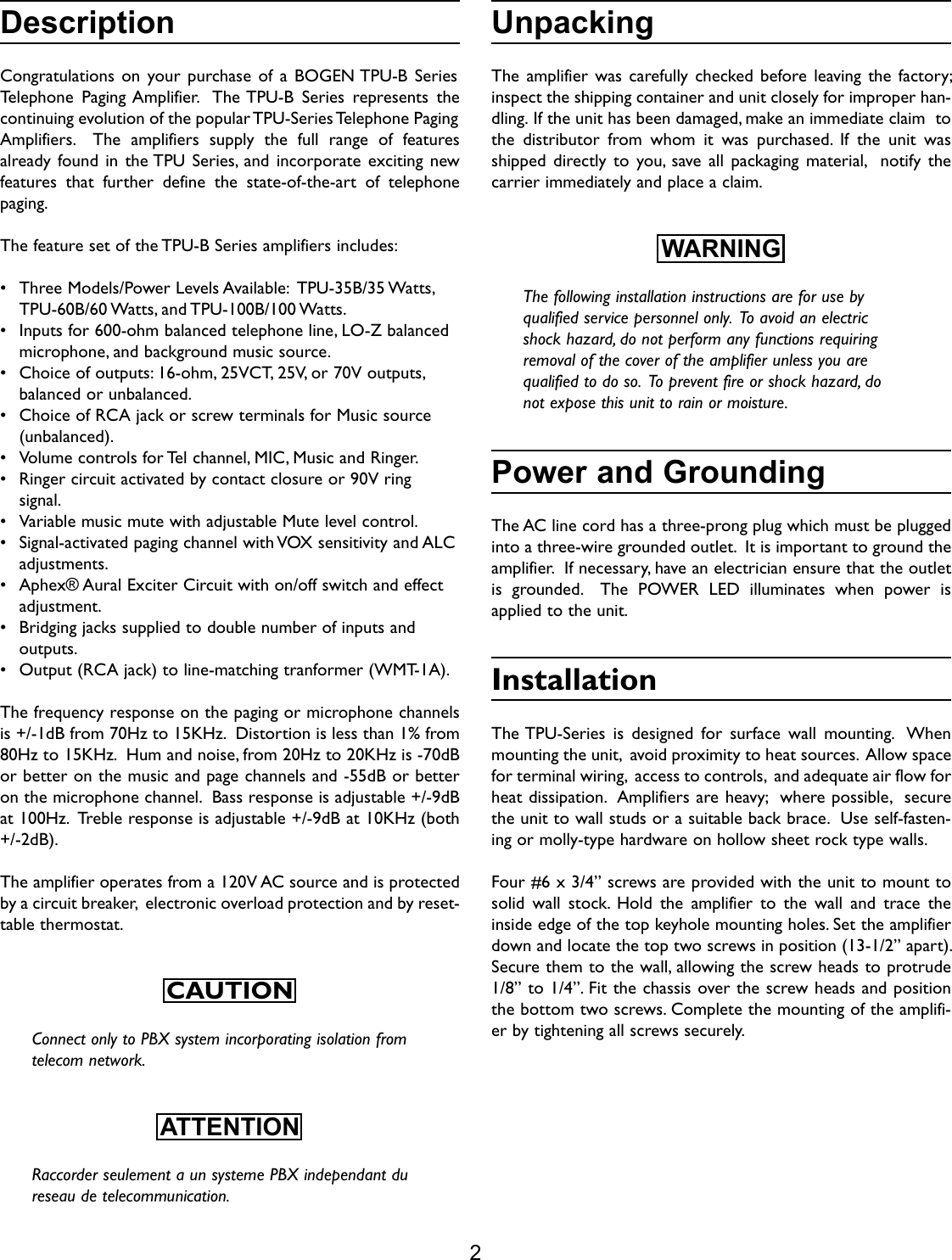 Page 3 of 8 - Bogen Bogen-Tpu-100B-Users-Manual- TPU35B TPU60B TPU100B Manual - Telephone Paging Amplifiers  Bogen-tpu-100b-users-manual