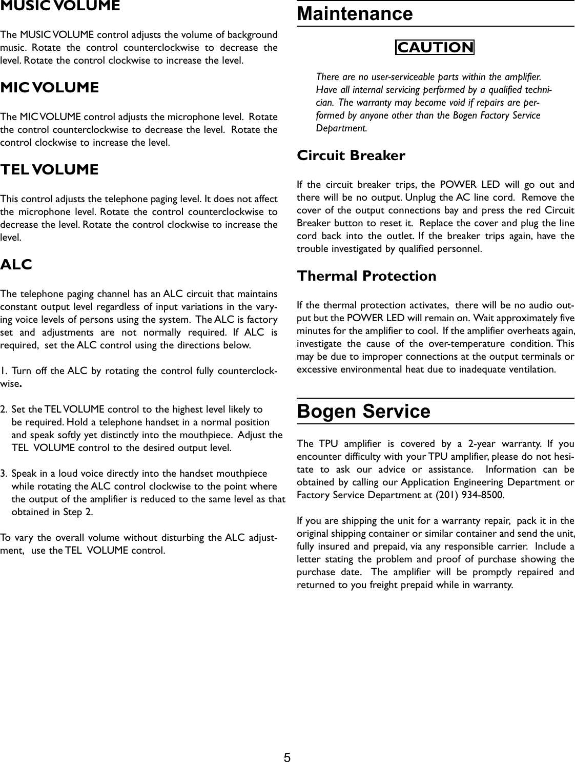 Page 6 of 8 - Bogen Bogen-Tpu-100B-Users-Manual- TPU35B TPU60B TPU100B Manual - Telephone Paging Amplifiers  Bogen-tpu-100b-users-manual
