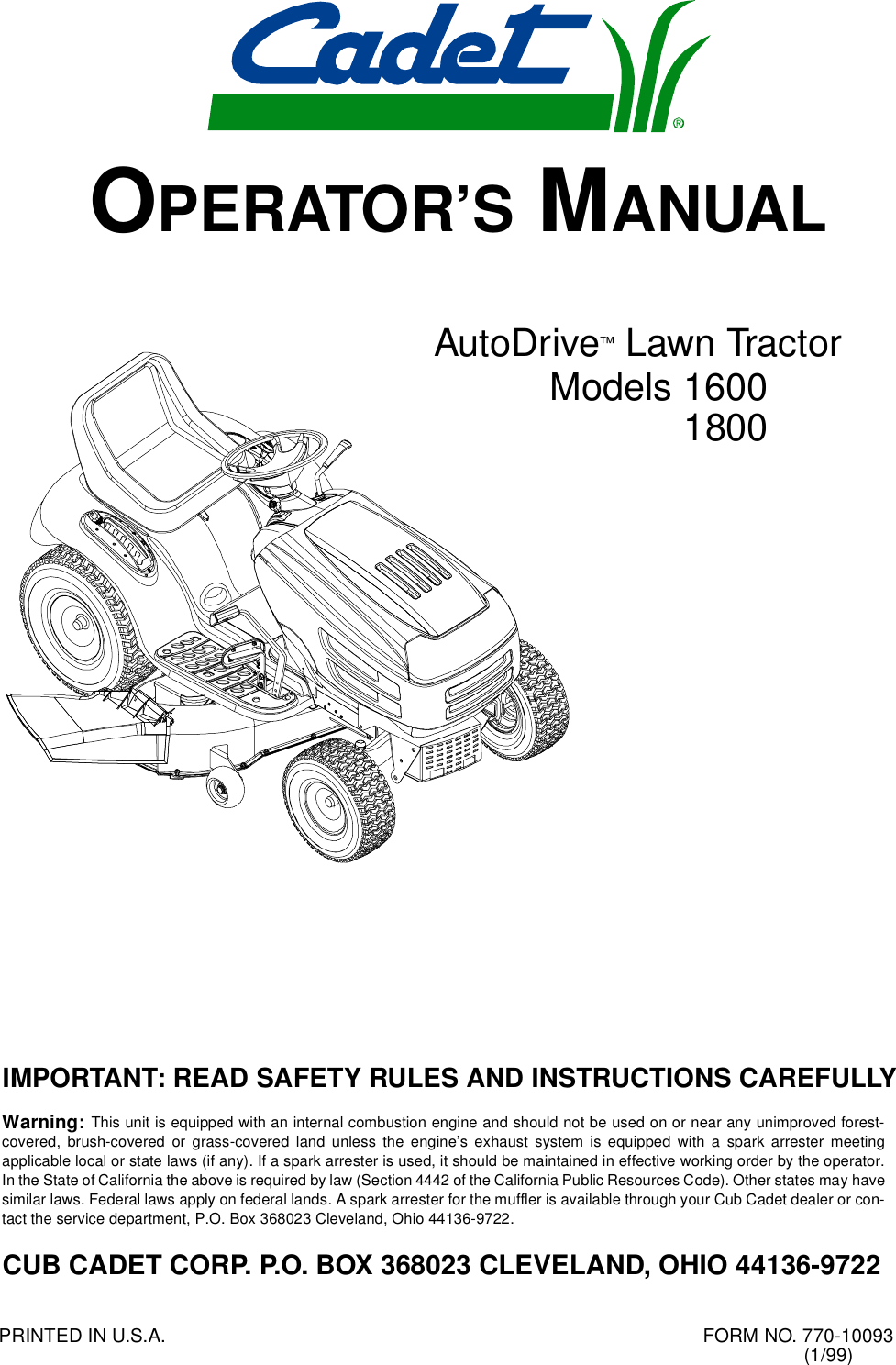 Bolens 1600 Operators Manual 770 10093