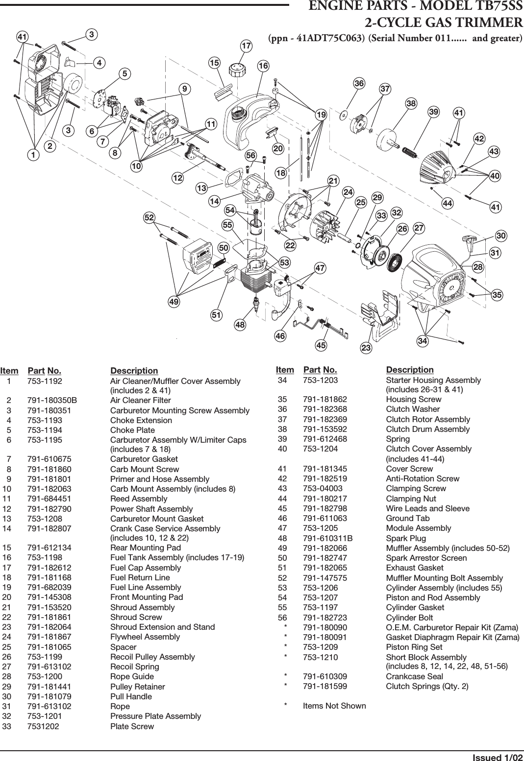 Bolens Tb75Ss Illustrated Parts List P.L. (1/02)