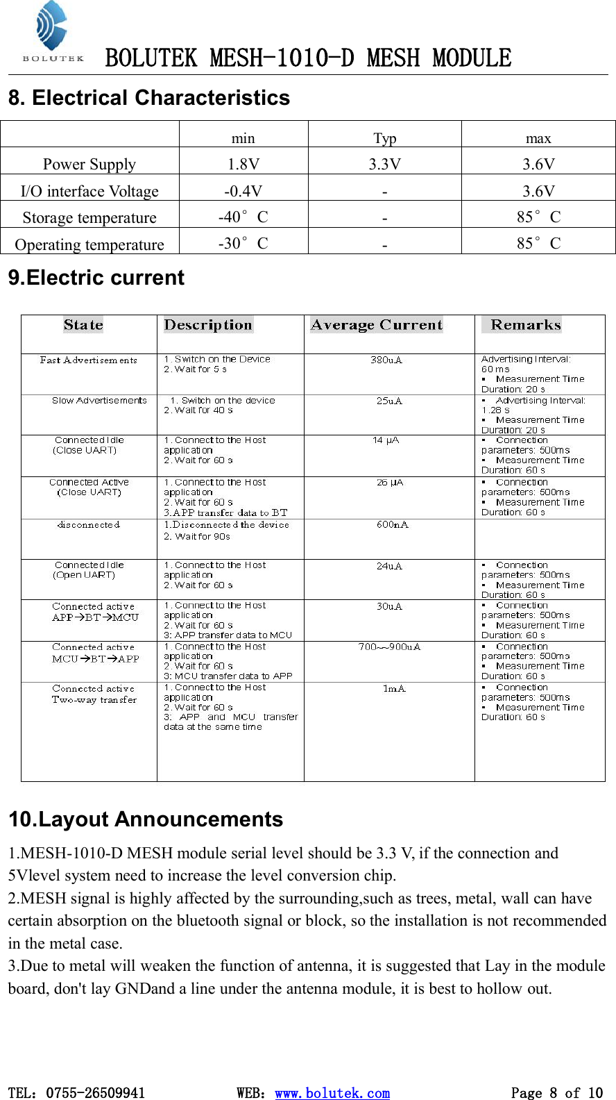 BOLUTEK MESH-1010-D MESH MODULETEL：0755-26509941 WEB：www.bolutek.com Page 8 of 108. Electrical Characteristicsmin TypmaxPower Supply 1.8V 3.3V 3.6VI/O interface Voltage -0.4V - 3.6VStorage temperature -40°C-85°COperating temperature -30°C-85°C9.Electric current10.Layout Announcements1.MESH-1010-D MESH module serial level should be 3.3 V, if the connection and5Vlevel system need to increase the level conversion chip.2.MESH signal is highly affected by the surrounding,such as trees, metal, wall can havecertain absorption on the bluetooth signal or block, so the installation is not recommendedin the metal case.3.Due to metal will weaken the function of antenna, it is suggested that Lay in the moduleboard, don&apos;t lay GNDand a line under the antenna module, it is best to hollow out.