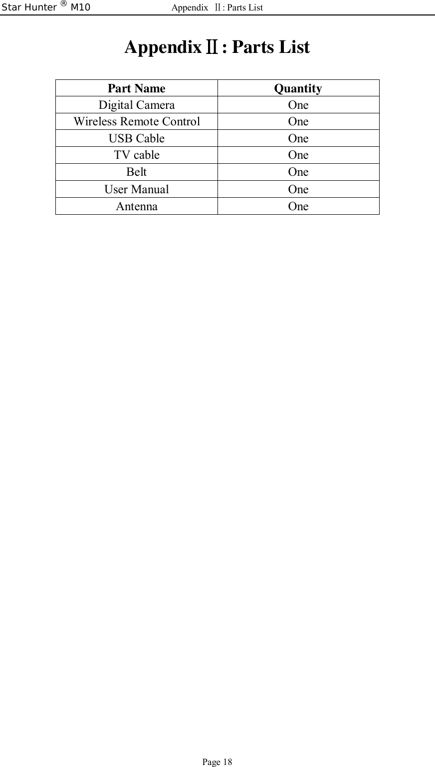 Star Hunter ® M10  Appendix  Ⅱ: Parts List Page 18  AppendixⅡ: Parts List  Part Name Quantity Digital Camera One Wireless Remote Control One USB Cable One TV cable One Belt One User Manual One Antenna One  