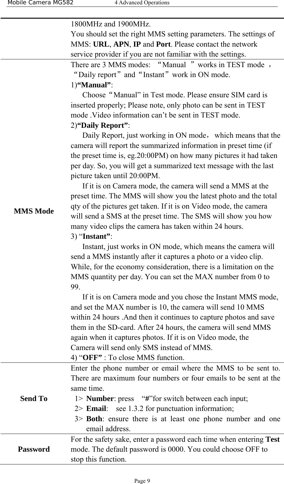 Mobile Camera MG582  4 Advanced Operations Page 9 1800MHz and 1900MHz. You should set the right MMS setting parameters. The settings of MMS: URL, APN, IP and Port. Please contact the network service provider if you are not familiar with the settings. MMS Mode   There are 3 MMS modes:  “Manual  ”works in TEST mode  ，“Daily report”and“Instant”work in ON mode. 1)“Manual”:  Choose“Manual” in Test mode. Please ensure SIM card is inserted properly; Please note, only photo can be sent in TEST mode .Video information can’t be sent in TEST mode. 2)“Daily Report”: Daily Report, just working in ON mode， which means that the camera will report the summarized information in preset time (if the preset time is, eg.20:00PM) on how many pictures it had taken per day. So, you will get a summarized text message with the last picture taken until 20:00PM.   If it is on Camera mode, the camera will send a MMS at the preset time. The MMS will show you the latest photo and the total qty of the pictures get taken. If it is on Video mode, the camera will send a SMS at the preset time. The SMS will show you how many video clips the camera has taken within 24 hours.   3) “Instant”:  Instant, just works in ON mode, which means the camera will send a MMS instantly after it captures a photo or a video clip. While, for the economy consideration, there is a limitation on the MMS quantity per day. You can set the MAX number from 0 to 99. If it is on Camera mode and you chose the Instant MMS mode, and set the MAX number is 10, the camera will send 10 MMS within 24 hours .And then it continues to capture photos and save them in the SD-card. After 24 hours, the camera will send MMS again when it captures photos. If it is on Video mode, the Camera will send only SMS instead of MMS.   4) “OFF” : To close MMS function. Send To Enter the phone number or email where the MMS to be sent to. There are maximum four numbers or four emails to be sent at the same time. 1&gt; Number: press  “#”for switch between each input;     2&gt; Email:    see 1.3.2 for punctuation information; 3&gt; Both: ensure there is at least one phone number and one email address. Password For the safety sake, enter a password each time when entering Test mode. The default password is 0000. You could choose OFF to stop this function. 