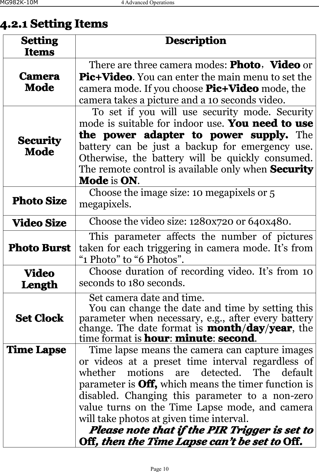 MG982K-10M4AdvancedOperationsPage104.2.14.2.14.2.14.2.1SettingS ettingSettingSettingItemsI temsItemsItemsSettingSettingSettingSettingItemsI temsItemsItemsDescriptionD escriptionDescriptionDescriptionCameraCameraCameraCameraModeMo deModeModeTherearethreecameramodes:PhotoP hotoPhotoPhoto，VideoV ideoVideoVideoorPic+Pic+Pic+Pic+VideoV ideoVideoVideo.Youcanenterthemainmenutosetthecameramode.IfyouchoosePic+P ic+Pic+Pic+VideoV ideoVideoVideomode,thecameratakesapictureanda10secondsvideo.SecuritySecuritySecuritySecurityModeMo deModeModeTosetifyouwillusesecuritymode.Securitymodeissuitableforindooruse.YouY ouYouYouneedn eedneedneedtot ototouseus euseusethethethethepowerp owerpowerpoweradaptera dapteradapteradaptertot ototopowerp owerpowerpowersupply.s upply.supply.supply.Thebatterycanbejustabackupforemergencyuse.Otherwise,thebatterywillbequicklyconsumed.TheremotecontrolisavailableonlywhenSecurityS ecuritySecuritySecurityModeModeModeModeisONO NONON.PhotoPhotoPhotoPhotoSizeS izeSizeSizeChoosetheimagesize:10megapixelsor5megapixels.VideoVideoVideoVideoSizeS izeSizeSizeChoosethevideosize:1280x720or640x480.PhotoPhotoPhotoPhotoBurstB urstBurstBurstThisparameteraffectsthenumberofpicturestakenforeachtriggeringincameramode.It’sfrom“1Photo”to“6Photos”.VideoVideoVideoVideoLengthLengthLengthLengthChoosedurationofrecordingvideo.It’sfrom10secondsto180seconds.SetSetSetSetClockC lockClockClockSetcameradateandtime.Youcanchangethedateandtimebysettingthisparameterwhennecessary,e.g.,aftereverybatterychange.Thedateformatismonthm onthmonthmonth/dayd aydayday/yeary earyearyear,thetimeformatishourhourhourhour:minutem inuteminuteminute:seconds econdsecondsecond.TimeTimeTimeTimeLapseL apseLapseLapseTimelapsemeansthecameracancaptureimagesorvideosatapresettimeintervalregardlessofwhethermotionsaredetected.ThedefaultparameterisOOOOff,f f,ff,ff,whichmeansthetimerfunctionisdisabled.Changingthisparametertoanon-zerovalueturnsontheTimeLapsemode,andcamerawilltakephotosatgiventimeinterval.PleasePleasePleasePleasenotenotenotenotethatthatthatthatififififthethethethePIRPIRPIRPIRTriggerTriggerTriggerTriggerisisisissetsetsetsettotototoOOOOfff fffff,,,,thenthenthenthenthethethetheTimeTimeTimeTimeLapseLapseLapseLapsecancancancan’’’’ttttbebebebesetsetsetsettotototoOOOOfff fffff....