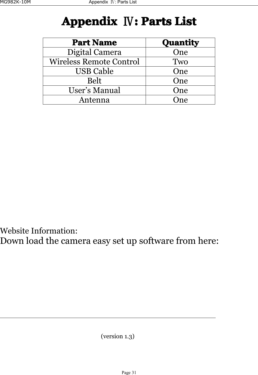 MG982K-10MAppendixⅣ:PartsListPage31AppendixAppendixAppendixAppendixⅣ::::PartsP artsPartsPartsListL istListListPartPartPartPartNameN ameNameNameQuantityQ uantityQuantityQuantityDigitalCameraOneWirelessRemoteControlTwoUSBCableOneBeltOneUser’sManualOneAntennaOneWebsiteInformation:Downloadthecameraeasysetupsoftwarefromhere:(version1.3)