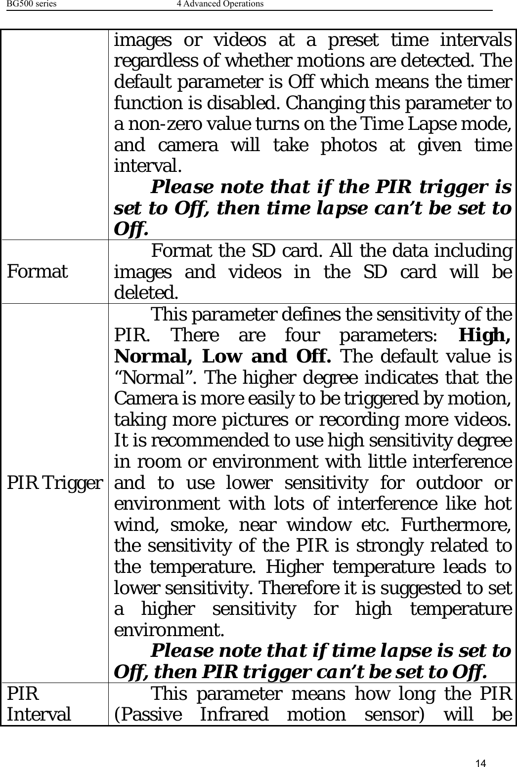 BG500 series 4 Advanced Operations14images or videos at a preset time intervalsregardless of whether motions are detected. Thedefault parameter is Off which means the timerfunction is disabled. Changing this parameter toa non-zero value turns on the Time Lapse mode,and camera will take photos at given timeinterval.Please note that if the PIR trigger isset to Off, then time lapse can’t be set toOff.Format Format the SD card. All the data includingimages and videos in the SD card will bedeleted.PIR TriggerThis parameter defines the sensitivity of thePIR. There are four parameters: High,Normal, Low and Off. The default value is“Normal”. The higher degree indicates that theCamera is more easily to be triggered by motion,taking more pictures or recording more videos.It is recommended to use high sensitivity degreein room or environment with little interferenceand to use lower sensitivity for outdoor orenvironment with lots of interference like hotwind, smoke, near window etc. Furthermore,the sensitivity of the PIR is strongly related tothe temperature. Higher temperature leads tolower sensitivity. Therefore it is suggested to seta higher sensitivity for high temperatureenvironment.Please note that if time lapse is set toOff, then PIR trigger can’t be set to Off.PIRInterval This parameter means how long the PIR(Passive Infrared motion sensor) will be