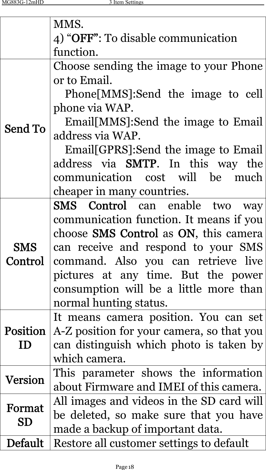 MG883G-12mHD 3 Item SettingsPage 18MMS.4) “OFF”: To disable communicationfunction.Send ToChoose sending the image to your Phoneor to Email.Phone[MMS]:Send the image to cellphone via WAP.Email[MMS]:Send the image to Emailaddress via WAP.Email[GPRS]:Send the image to Emailaddress via SMTP. In this way thecommunication cost will be muchcheaper in many countries.SMSControlSMS Control can enable two waycommunication function. It means if youchoose SMS Control as ON,thiscameracan receive and respond to your SMScommand. Also you can retrieve livepictures at any time. But the powerconsumption will be a little more thannormal hunting status.PositionIDIt means camera position. You can setA-Z position for your camera, so that youcan distinguish which photo is taken bywhich camera.Version This parameter shows the informationabout Firmware and IMEI of this camera.FormatSDAll images and videos in the SD card willbe deleted, so make sure that you havemade a backup of important data.Default Restore all customer settings to default