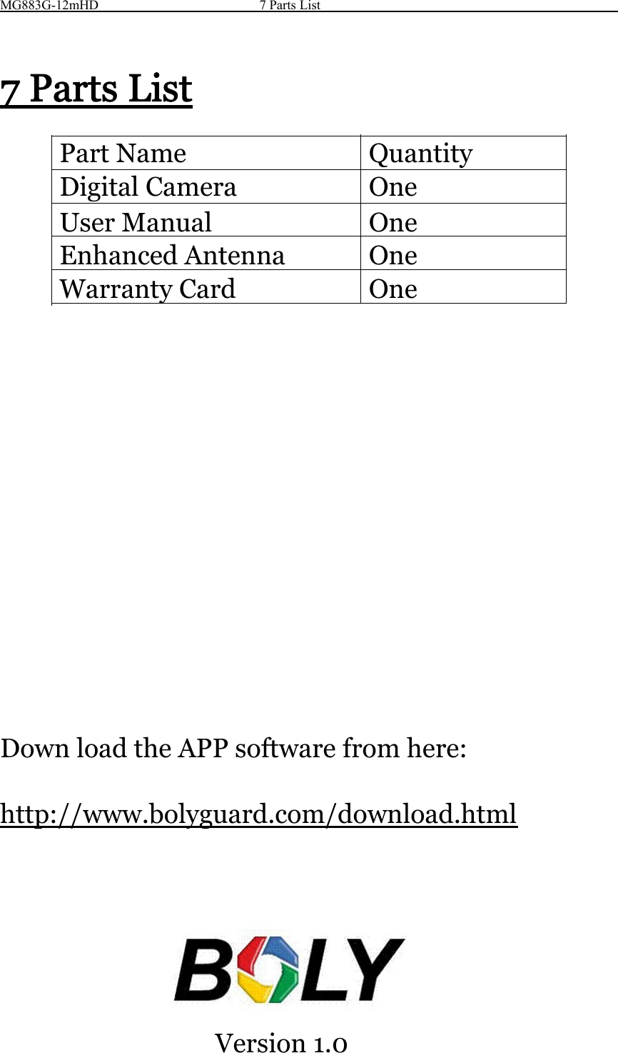 MG883G-12mHD 7 Parts List7PartsListPart Name QuantityDigital Camera OneUser Manual OneEnhanced Antenna OneWarranty Card OneDown load the APP software from here:http://www.bolyguard.com/download.htmlVersion 1.0